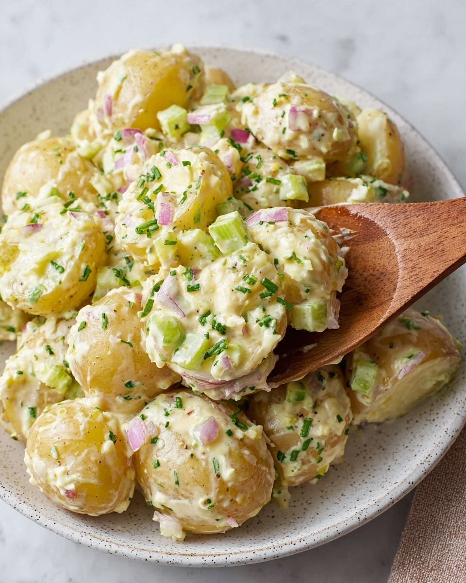 The image shows a white speckled plate filled with a creamy potato salad. The dish has whole and halved small yellow potatoes covered in a thick pale yellow dressing mixed with chopped green celery, small pieces of red onion, and sprinkled with finely chopped green herbs. A wooden spoon lifts some of the potatoes, showing their soft texture and the creamy salad dressing coating them evenly. The background is a white marbled texture. photo taken with an iphone --ar 4:5 --v 7