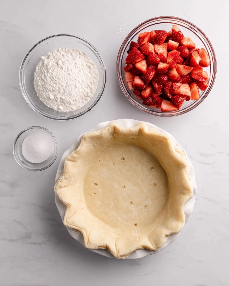 A top view of four food items on a white marbled surface: in the center, a pale beige pie crust in a white pie dish with fork marks on the edges and small holes pressed into the base; to the right, a clear glass bowl full of fresh, bright red chopped strawberries; to the top left, a small clear glass bowl of white powder, and below it, another clear glass bowl filled with white granulated sugar; all items are evenly spaced and neatly arranged. photo taken with an iphone --ar 4:5 --v 7