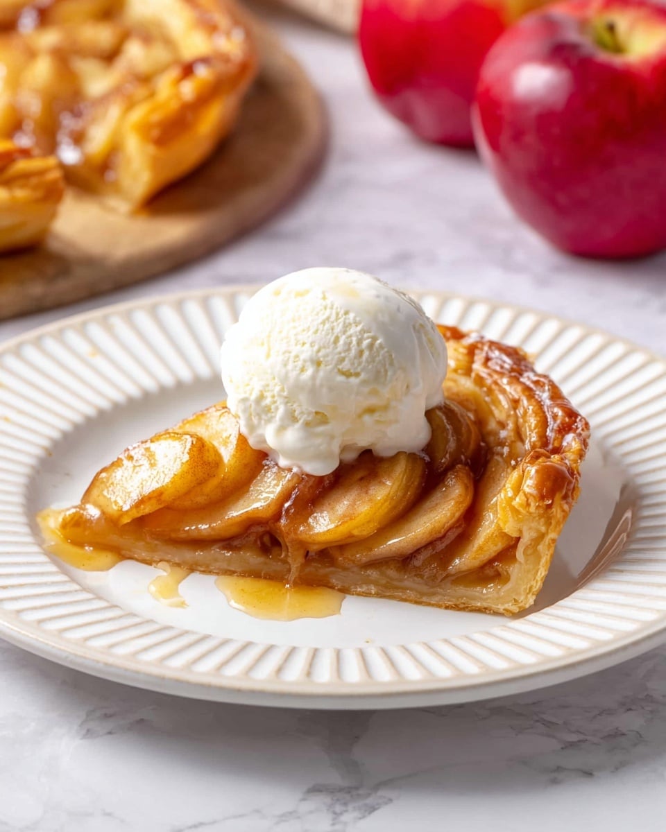 A triangular slice of golden brown puff pastry tart topped with layers of shiny, glazed thin apple slices arranged in a fan shape fills the center of a white plate with raised line details. On top of the apple layer, a rounded scoop of smooth white vanilla ice cream begins to melt slightly, with small drips running down the apples. The tart crust edges are crisp and flaky, curling gently upward to hold the apple filling. The plate sits on a white marbled surface, with part of the whole tart and two red apples blurred softly in the background. photo taken with an iphone --ar 4:5 --v 7