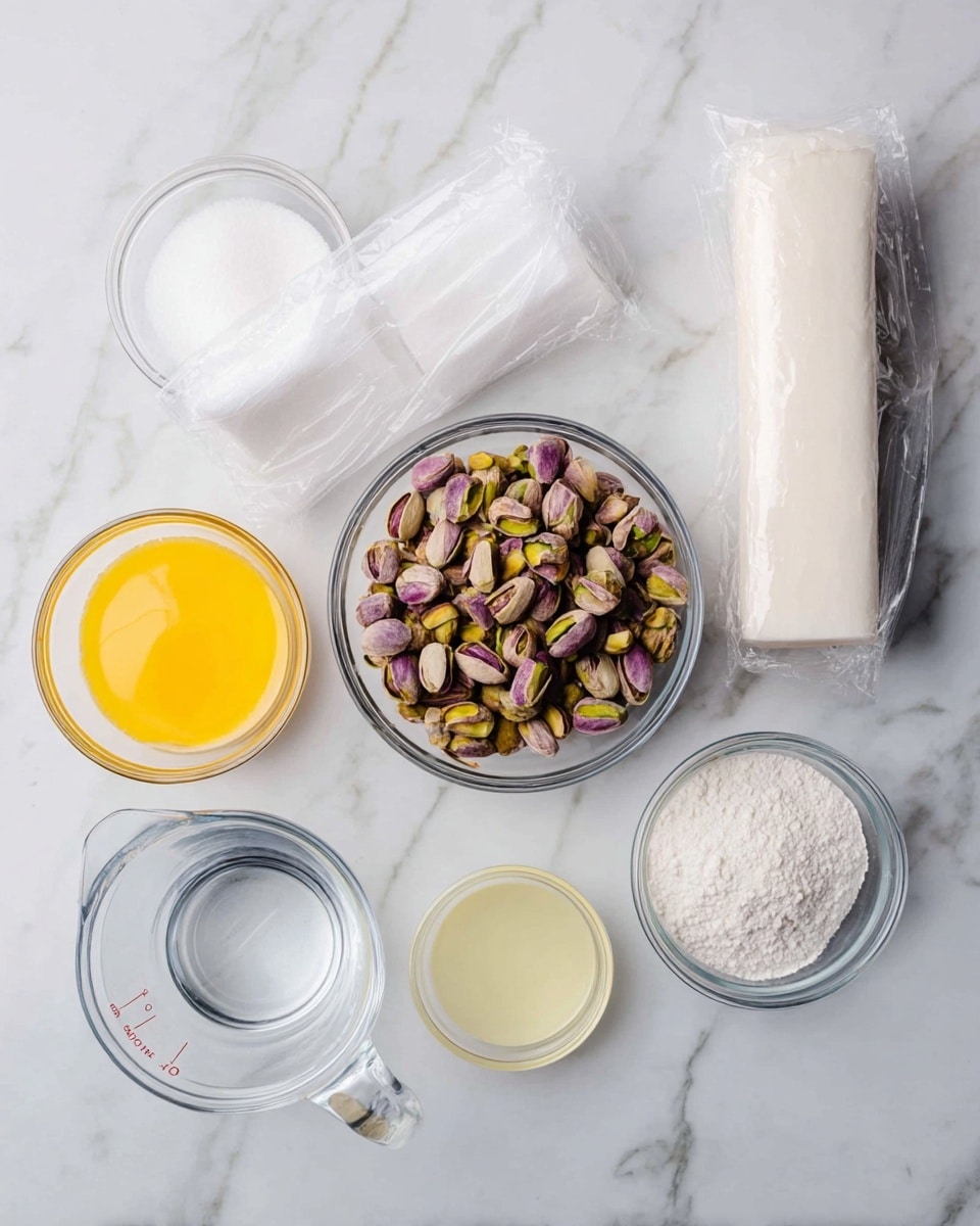 The image shows eight bowls and containers with various ingredients on a white marbled surface. In the center is a clear glass bowl filled with unshelled pistachios, showing a mix of purple and green colors with a rough texture. To its left is a smaller clear glass bowl with bright yellow melted butter, smooth in texture. Below that are two medium-sized clear bowls, one filled with white granulated sugar and the other with a white powdered ingredient, both smooth and fine in texture. Above and to the right of the pistachios is a clear plastic-wrapped pack of white sheets, slightly translucent and rolled up. Below that is a clear measuring cup holding a small volume of water. To the far left is a very small bowl with a clear liquid, and next to it a tiny bowl with a pale yellow liquid. The colors vary from bright yellow to white and greenish purple, arranged neatly on the white marbled surface. photo taken with an iphone --ar 4:5 --v 7