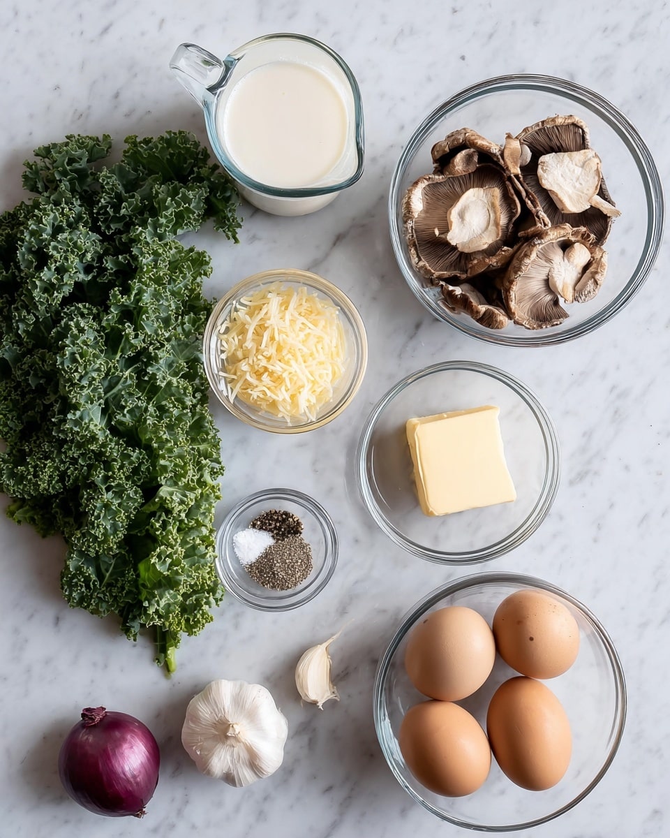 A top view of several clear glass bowls and ingredients arranged on a white marbled surface. The largest bowl at the top right holds light brown mushroom slices with visible dark gills. Below it, a medium bowl contains six brown eggs, some darker and some lighter shades. In the middle, a small clear bowl has a square piece of light yellow butter. To the left of it, another small bowl is filled with pale yellow grated cheese. Above that, a small bowl contains salt and pepper seasoning, white and black fine grains. On the left side, there is a bunch of curly green kale with rich texture. Near the bottom left, a purple shallot and a single white garlic clove are placed next to each other. A small glass jug with white milk is at the top left corner. All items are neat and spaced out for a clean look, photo taken with an iphone --ar 4:5 --v 7