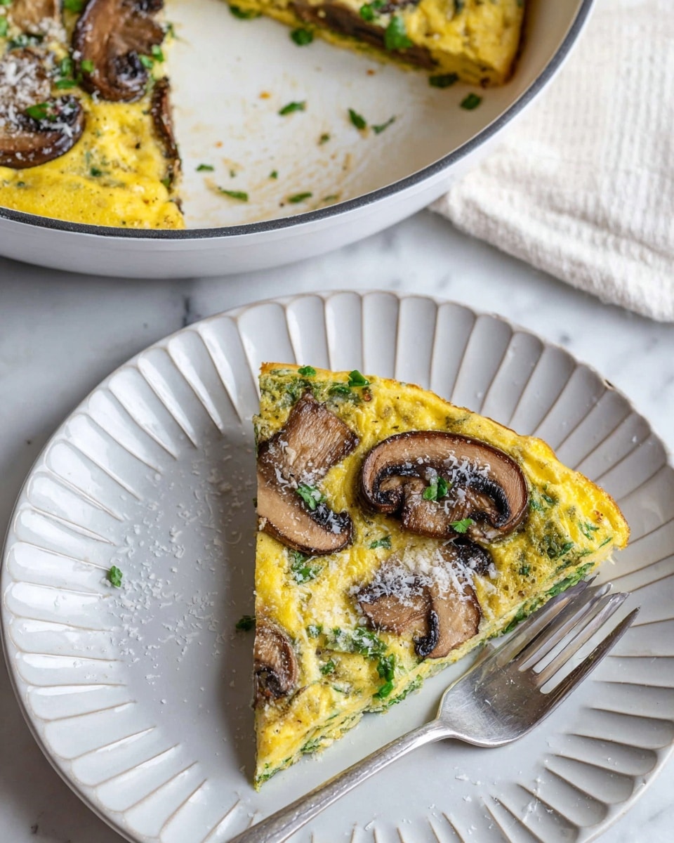 A triangular slice of yellow frittata with visible green herbs and two large brown cooked mushroom slices on top sits slightly off-center on a white plate with a subtle scalloped edge and light texture. The frittata surface has a slightly rough texture with small bits of grated white cheese sprinkled across it. A silver fork rests beside the frittata on the plate. Above the plate is a white cooking pan showing the remaining frittata with similar mushrooms and herbs, set on a white marbled surface. Photo taken with an iphone --ar 4:5 --v 7