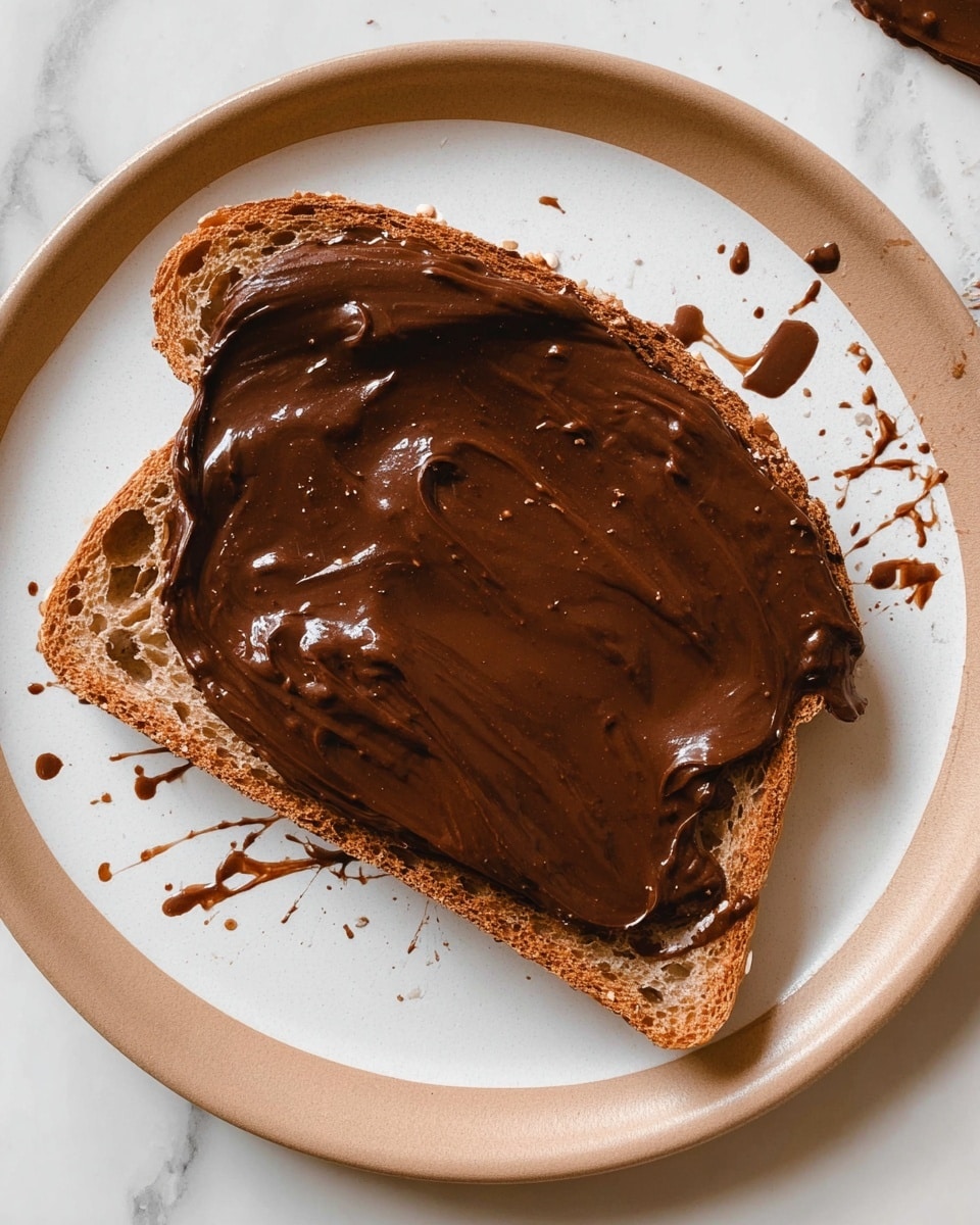 Two pieces of toasted brown bread lie on a round white plate. Each slice is covered with a thick, smooth layer of shiny dark chocolate spread. Scattered on top are small pieces of white hazelnuts, partly broken. A silver knife sits partially under the lower slice, with some chocolate spread on the blade and drizzled on the plate next to it. The scene is set against a white marbled surface. photo taken with an iphone --ar 4:5 --v 7