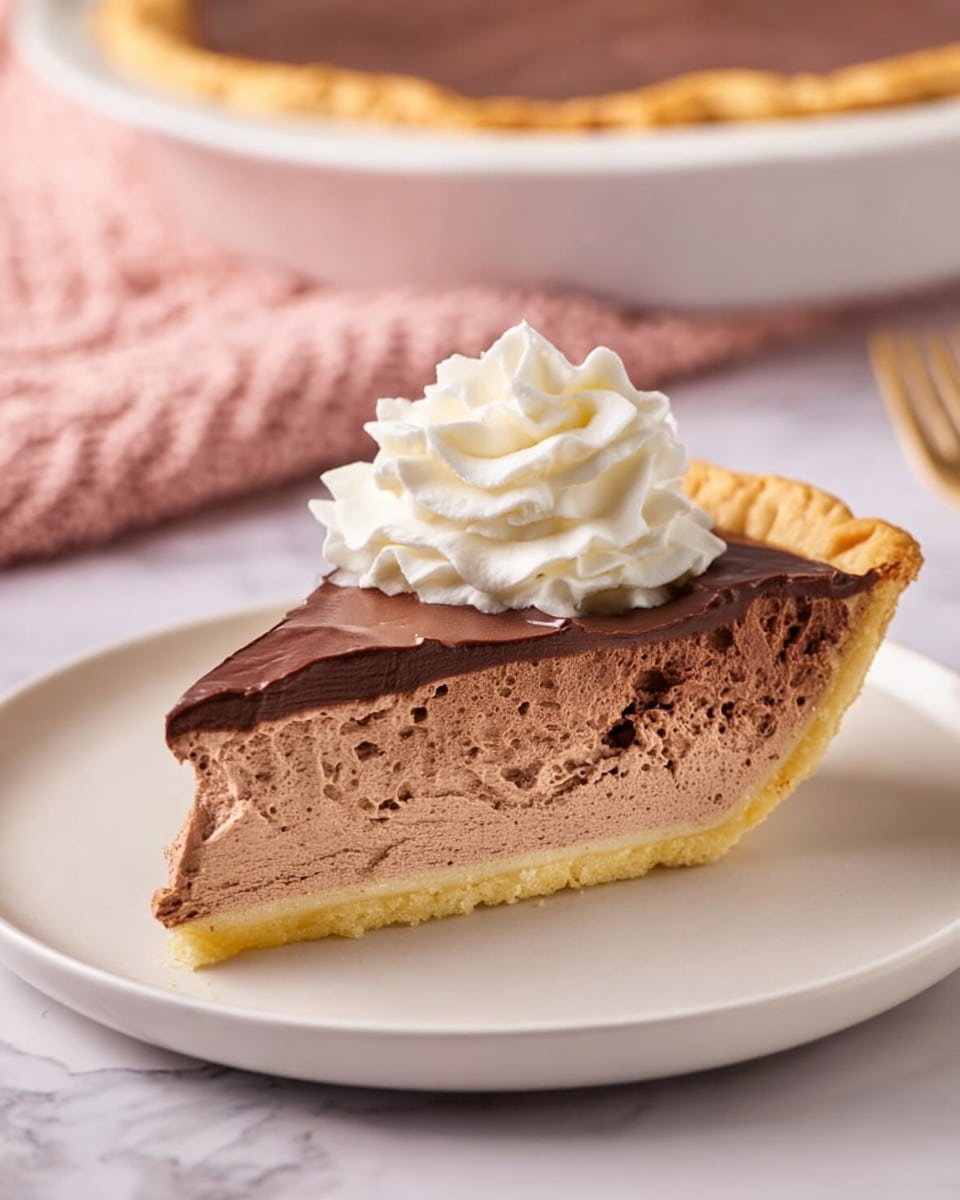The image shows a slice of chocolate cream pie on a white plate, set on a white marbled surface. The pie slice has three layers: a pale golden crust at the bottom with a slightly crumbly texture, a thick and fluffy middle layer of light brown chocolate mousse with air pockets, and a smooth, glossy dark chocolate layer on top. A swirl of white whipped cream sits on the top center of the slice. In the background, part of the whole pie in a white dish is visible with a golden crust edge and a dark chocolate filling, placed on a pink knitted cloth. Photo taken with an iphone --ar 4:5 --v 7
