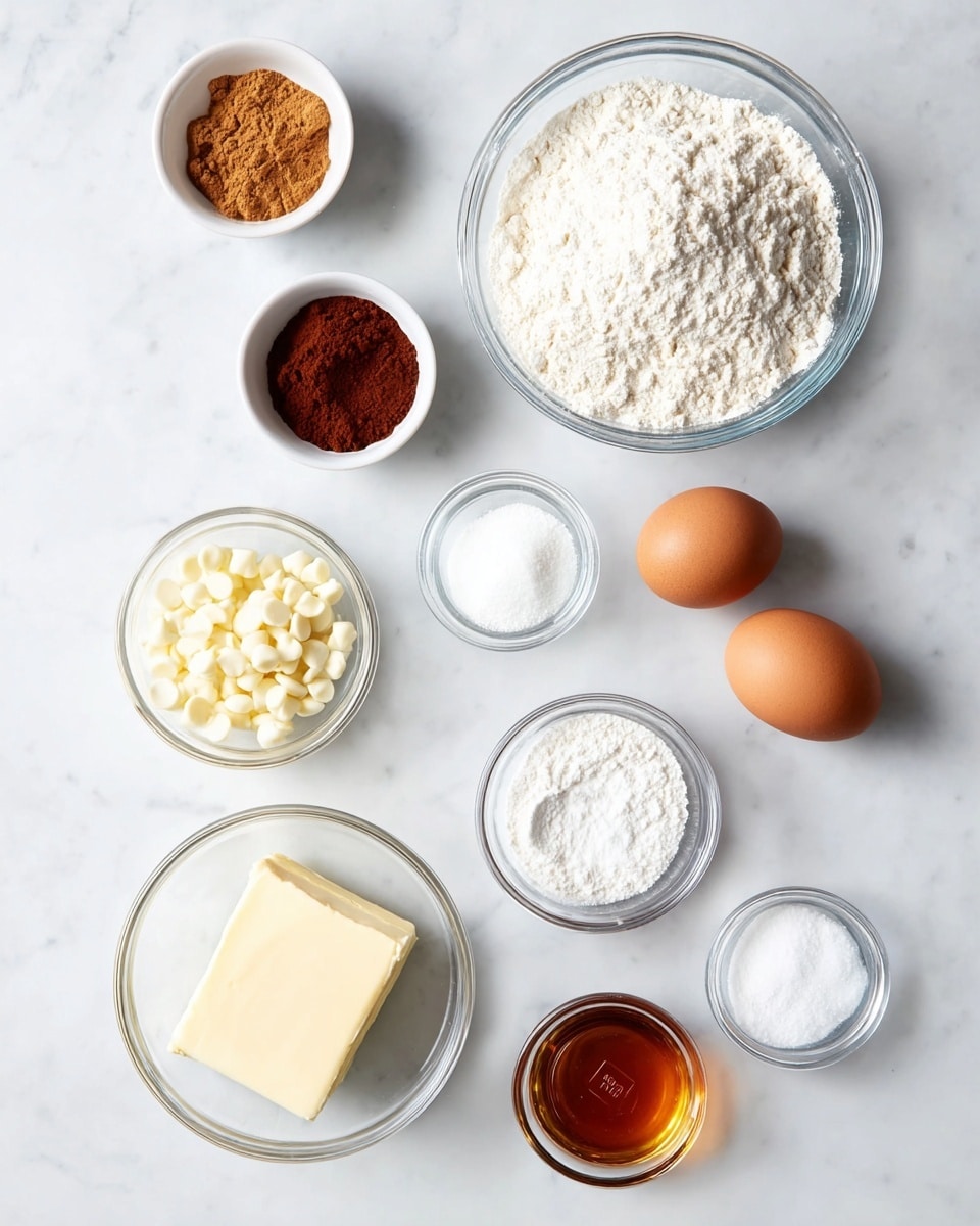 The image shows nine clear and white bowls and dishes arranged neatly on a white marbled surface, each holding different baking ingredients. At the top left, a small white bowl contains three powders: light brown, dark brown, and reddish-brown. To the right, a large clear bowl is filled with white granulated sugar, and below it, a medium clear bowl holds white flour. In the center, a small clear bowl has white powder, likely baking powder or baking soda. To the left, a smaller clear bowl holds white chocolate chips. Two brown eggs lie side by side near the bottom left. Below the eggs, a rectangular stick of pale yellow butter rests on the surface. Near the bottom center, a tiny clear bowl holds amber-colored vanilla extract. Lastly, to the right of the butter, a small clear bowl contains white salt. All items sit on the white marbled background, and no woman's hand is visible. photo taken with an iphone --ar 4:5 --v 7
