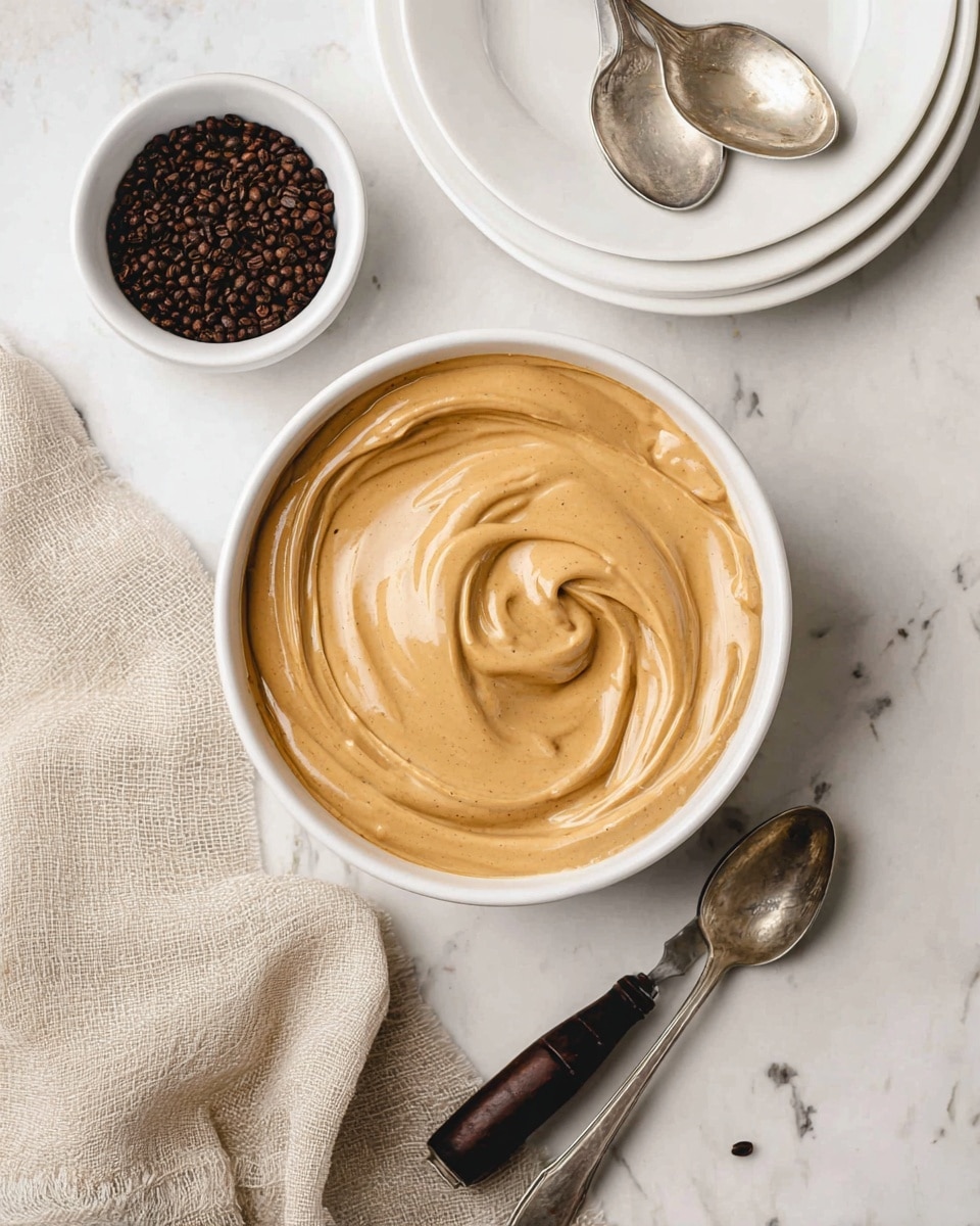 A white bowl filled with a thick, smooth, light brown whipped coffee cream swirled with soft peaks, placed on a white marbled surface. Above and slightly to the left is a smaller white bowl containing dark brown instant coffee granules. To the right, there is a layered white plate set with a teacup and two old silver spoons resting on it. A silver spoon with a dark wooden handle is lying on the surface near the bottom right corner. A beige, textured cloth is softly draped on the left side of the image. Photo taken with an iphone --ar 4:5 --v 7