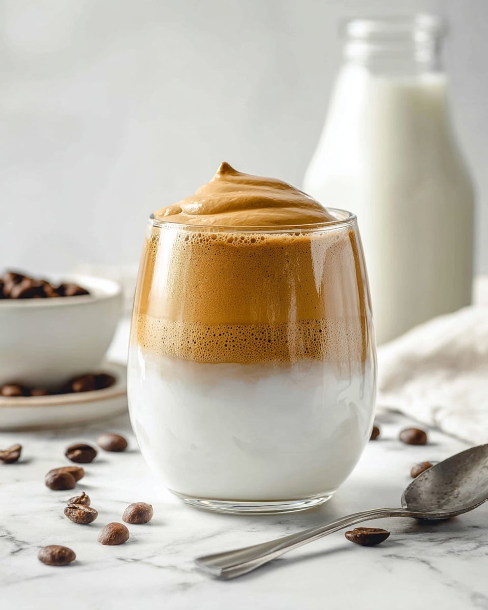 A clear, rounded glass shows a three-layered drink with a smooth white milk layer at the bottom, a middle rich brown frothy coffee layer sitting just above the milk with a bubbly texture, and a thick, creamy light brown whipped coffee foam with a small peak on top. The glass is on a white marbled surface, next to a silver spoon and whole coffee beans scattered around. In the background, there is a tall clear bottle of milk blurred out and a white bowl with some coffee decor. The lighting is soft and bright, highlighting the smooth textures and colors of the drink, photo taken with an iphone --ar 4:5 --v 7