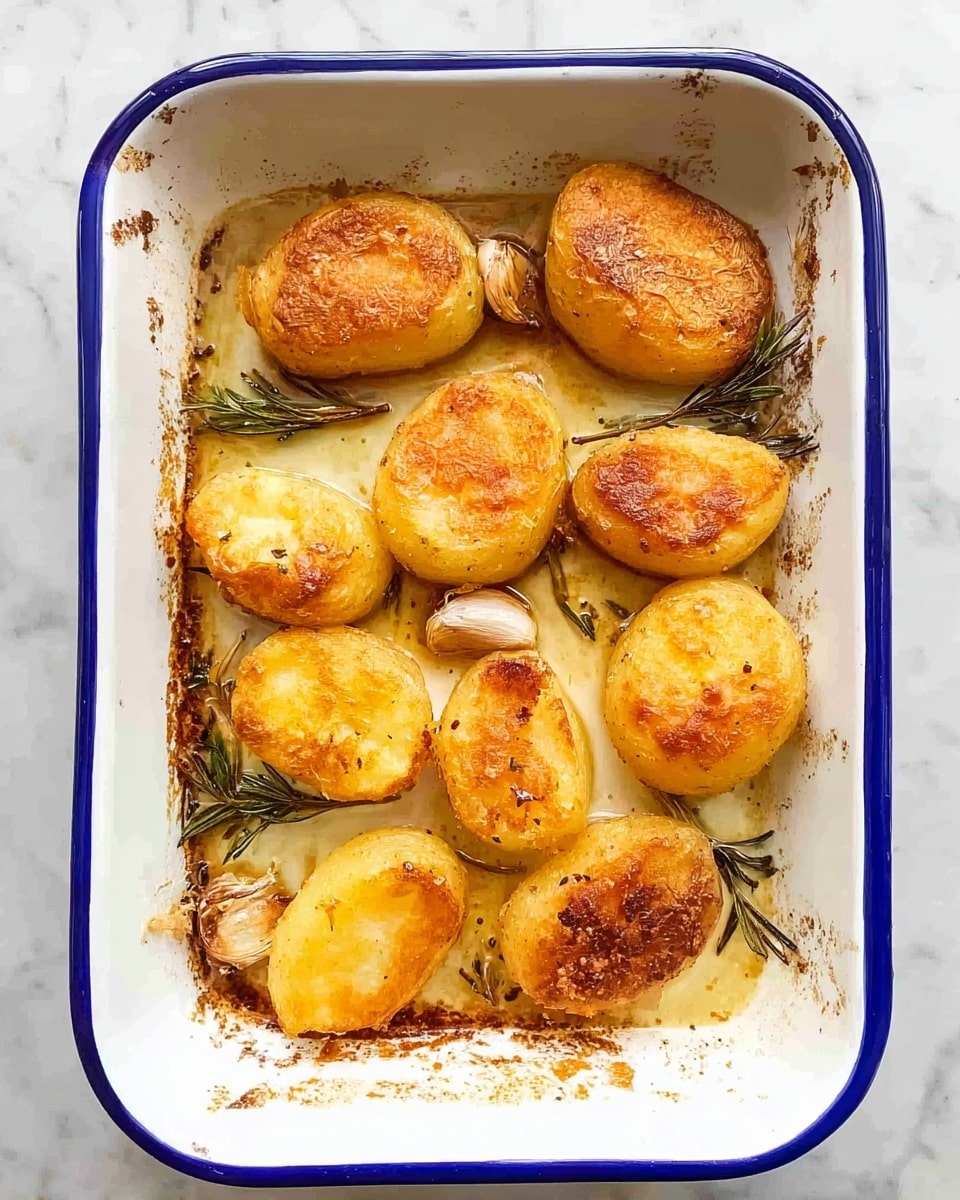 A white rectangular baking dish with a dark blue rim holds nine golden brown roasted potato pieces evenly spaced inside. The potatoes have a crispy, slightly rough texture on their surfaces with some areas appearing more browned than others. Scattered among the potatoes are a few garlic cloves and fresh sprigs of rosemary, all resting in a small amount of light brown cooking oil with some browned bits. The baking dish sits on a white marbled surface, showing some golden stains around the edges from the cooking process. photo taken with an iphone --ar 4:5 --v 7
