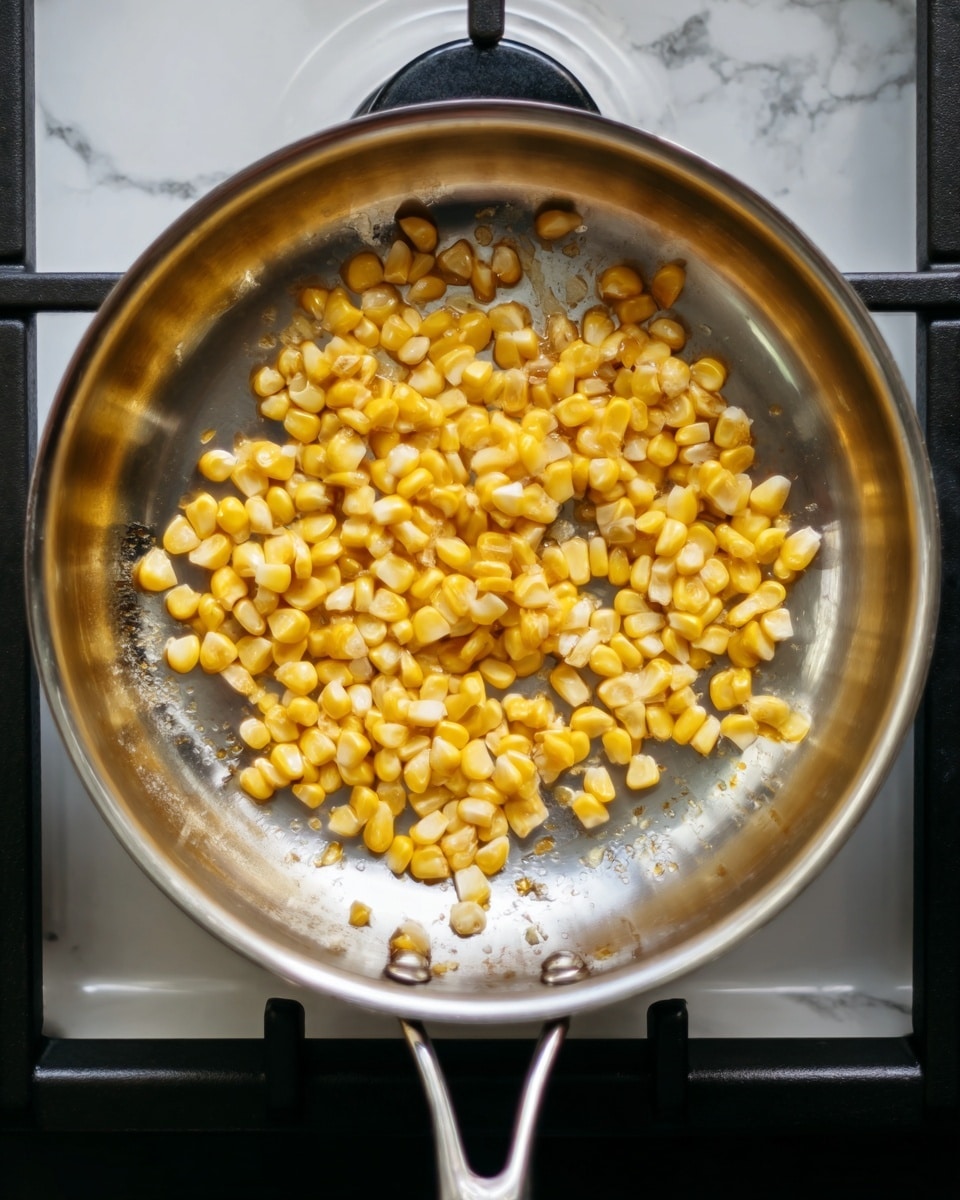 The image shows a silver metal pan with shiny surface on a black stove burner. Inside the pan, there is a single layer of yellow corn kernels scattered evenly, some showing slight golden brown spots from cooking. The pan looks clean and polished, reflecting light softly, and the stove burner beneath it is a simple black grid design. The background is a white marbled surface. photo taken with an iphone --ar 4:5 --v 7
