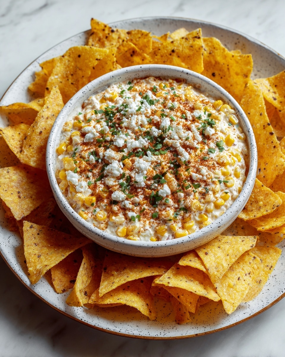 A white speckled bowl filled with a creamy corn dip sits in the center of a white speckled plate that holds a ring of yellow corn chips with small black flecks. The dip has a thick base of white cream mixed with visible whole yellow corn kernels. It is topped with a generous layer of crumbled white cheese, a sprinkle of reddish-brown seasoning, and small pieces of chopped green herbs scattered evenly on top. The whole setup rests on a white marbled surface. photo taken with an iphone --ar 4:5 --v 7