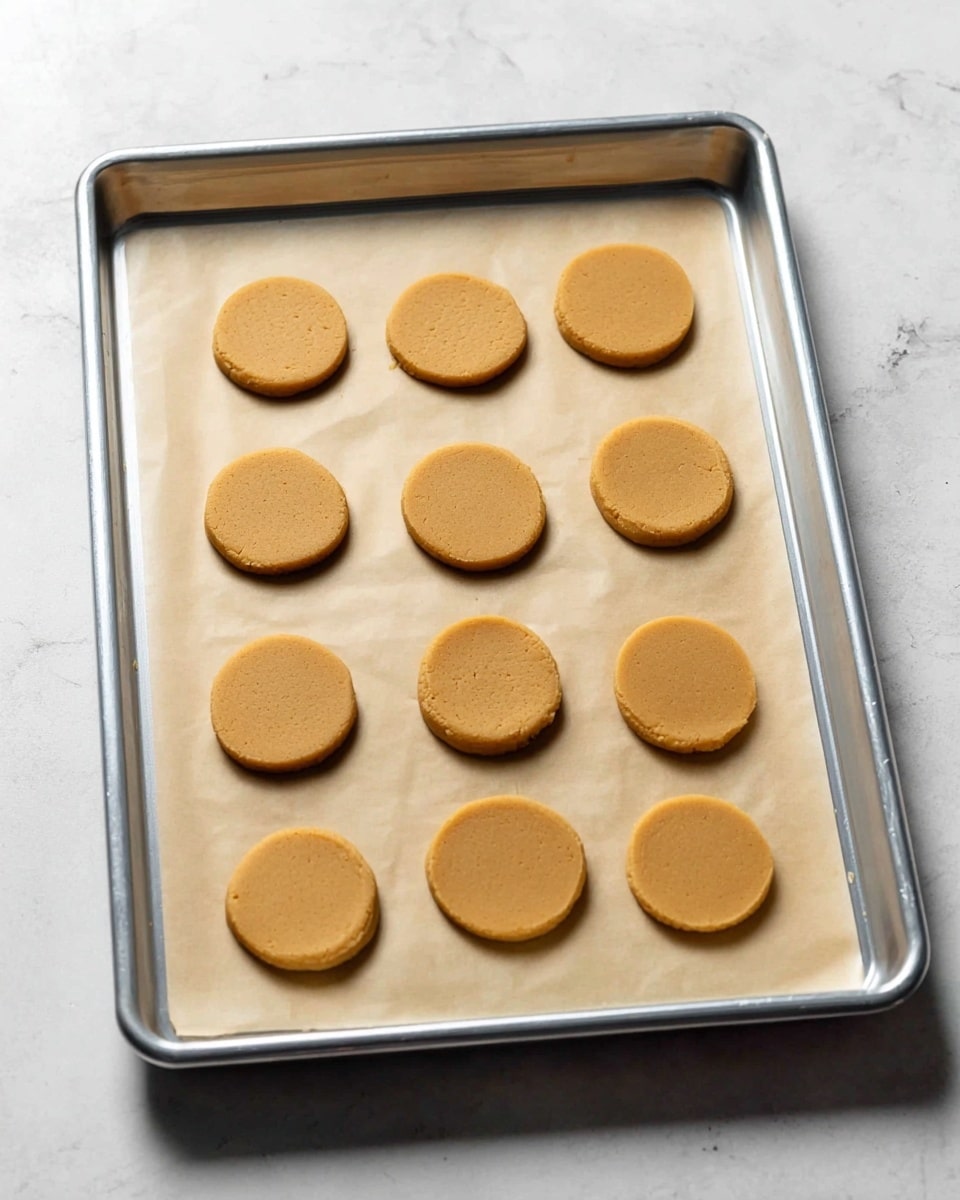 Ten round, flat, light brown cookie dough pieces are evenly placed on a sheet of light beige parchment paper that lies on a silver baking tray. The tray is set on a white marbled surface, creating a clean and simple background. Each cookie dough piece has a smooth texture and uniform size, spaced apart from each other, ready to be baked. photo taken with an iphone --ar 4:5 --v 7