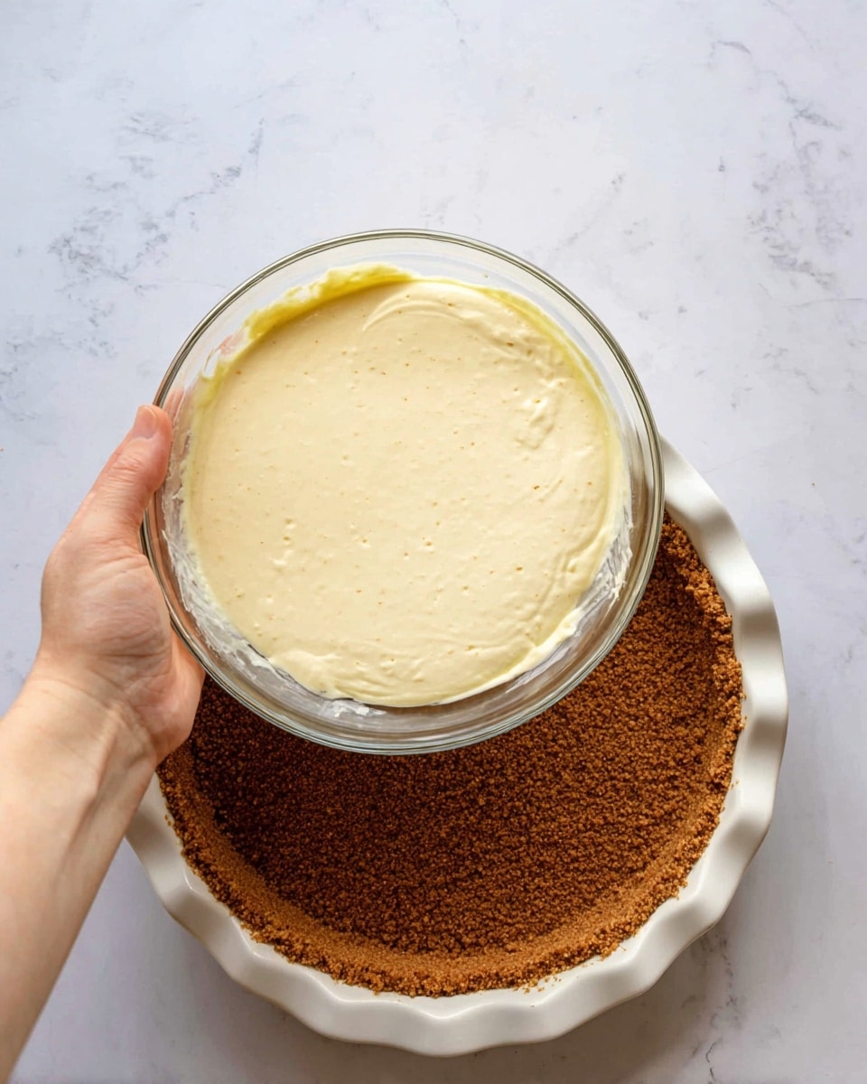 A woman's hand is holding a clear glass bowl with a creamy, pale yellow mixture inside. The creamy mixture is thick and smooth with small vanilla specks. In front of the bowl, there is a white pie dish with a thick, crumbly brown crust evenly pressed along the bottom and sides. The background is a white marbled surface. photo taken with an iphone --ar 4:5 --v 7
