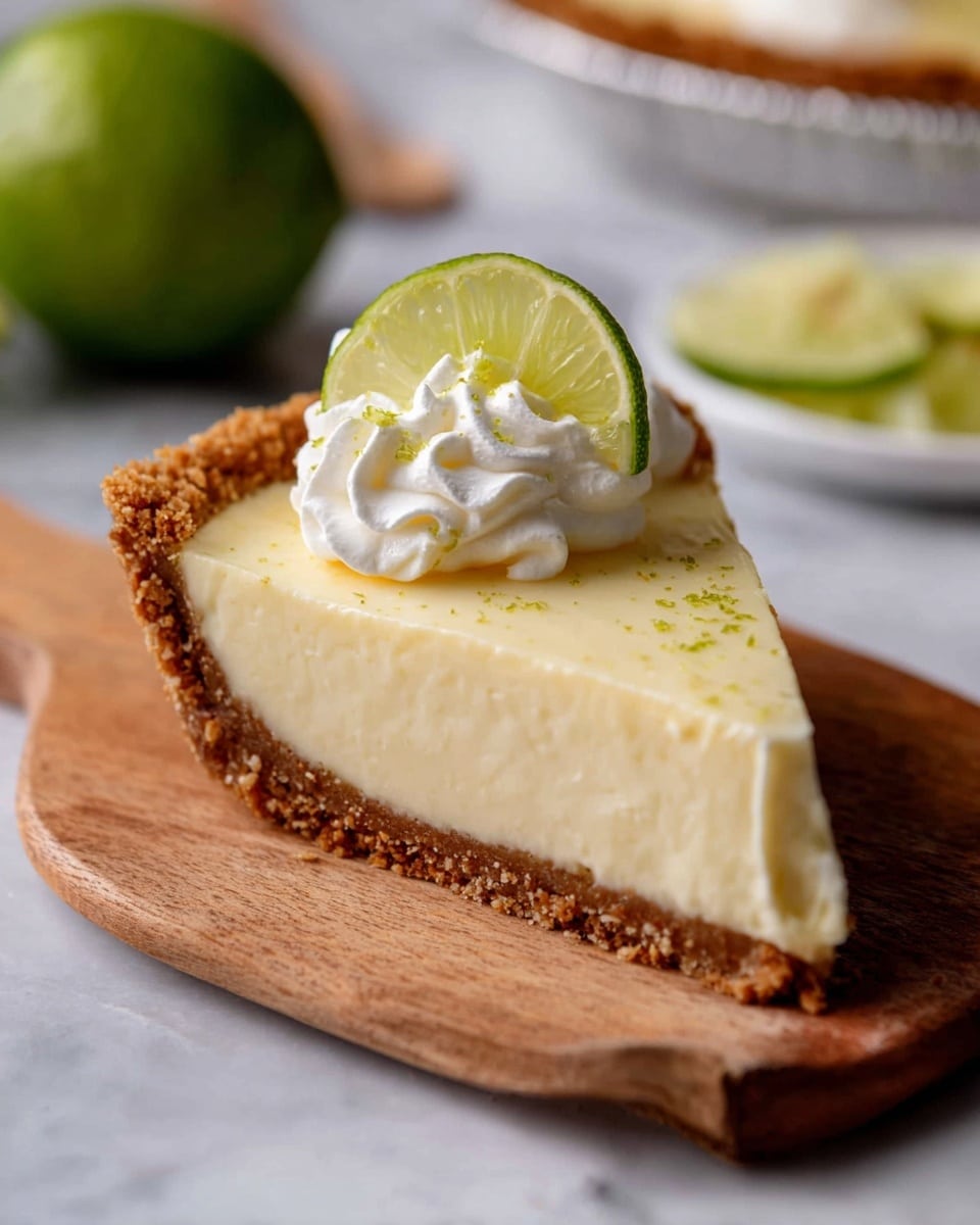 The image shows a pie with three visible layers: a dark brown crumb crust forming the base and edges, a smooth creamy pale yellow filling in the middle, and eight toppings placed evenly on top. Each topping includes a swirl of white cream and a half slice of lime beside it, with extra lime zest lightly sprinkled across the filling. The pie is in a white round pie dish, sitting on a white marbled surface with a green lime and white cloth in the background. Photo taken with an iphone --ar 4:5 --v 7