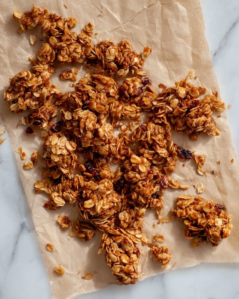 The image shows a close-up of golden brown granola scattered on a wooden surface, with shiny clusters made of oats and small nut pieces. The granola has a crunchy texture and a mix of light and darker brown colors. In the background, there is a blurry wooden spoon partially covered with granola pieces, adding depth to the scene. The lighting softly highlights the uneven shapes and crispness of the granola, making it look fresh and inviting. Photo taken with an iphone --ar 4:5 --v 7