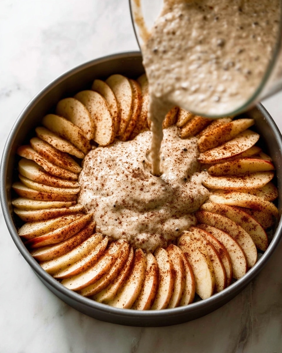 A round baking pan filled with many thin apple slices arranged in a circular pattern, overlapping slightly, covering the entire pan. The apple slices are sprinkled evenly with brown cinnamon powder, giving them a speckled brown look on their pale skin. In the center, a thick batter with visible specks is being poured from a container over the apples, forming a soft mound. The background shows a white marbled surface. photo taken with an iphone --ar 4:5 --v 7