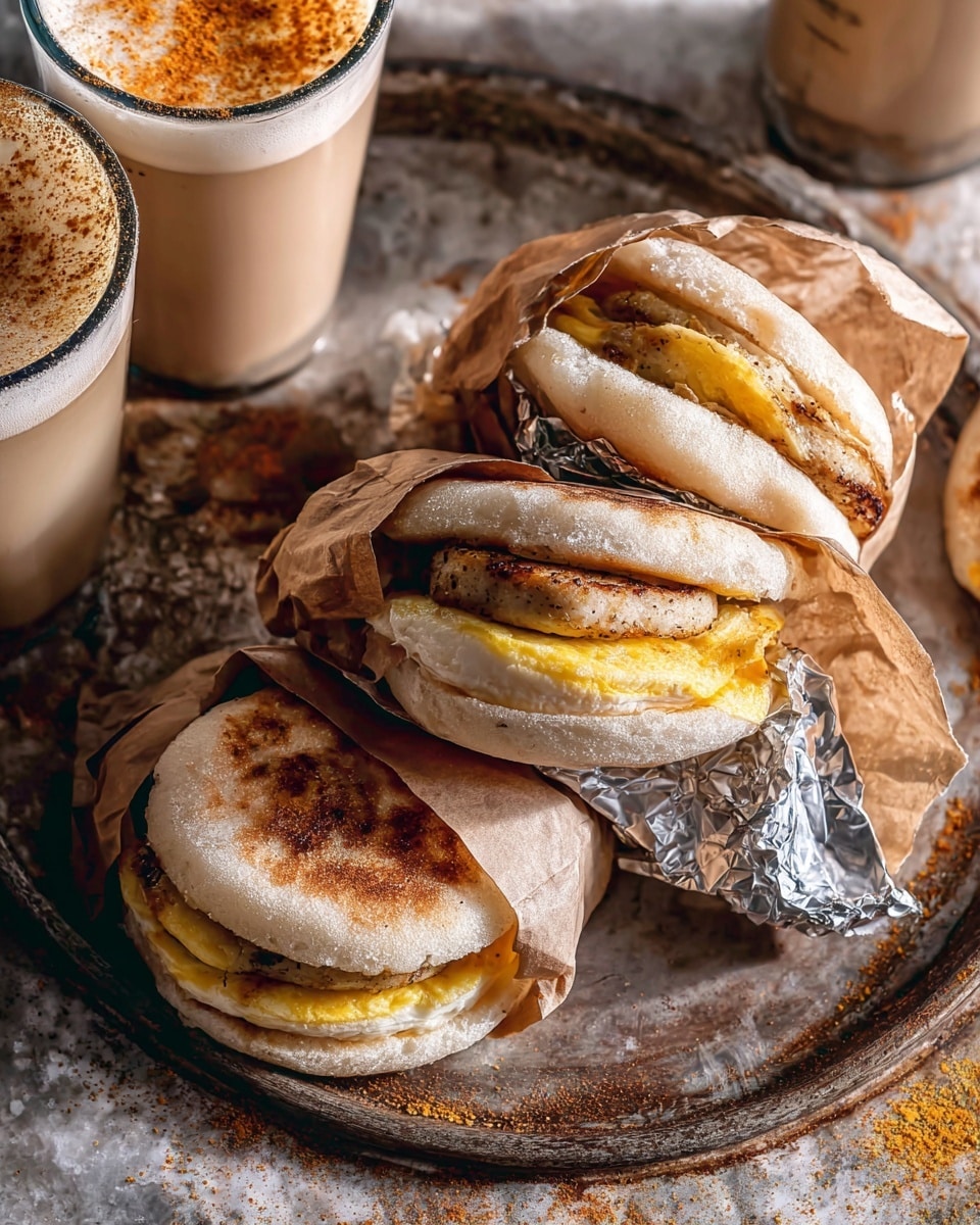 There are four English muffins in the image, each wrapped partially in crinkled brown paper and silver foil. They are stacked slightly open to show the inside layers, which include a golden yellow egg patty and a light brown grilled chicken patty. The muffins themselves are toasted and light brown on the outside with a soft texture inside. These muffins rest on a rusty old round metal tray with a shiny, worn surface that sits on a white marbled textured table. Surrounding the tray are glasses of a creamy beverage topped with a sprinkle of orange spice. photo taken with an iphone --ar 4:5 --v 7