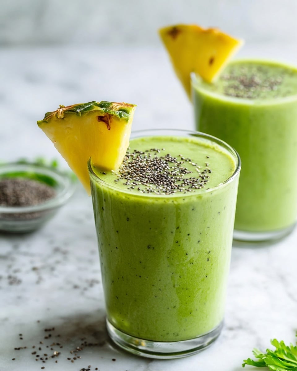Two clear glasses are filled with a thick, smooth green smoothie that has a creamy texture. Each glass is topped with small black chia seeds scattered evenly on the surface. One glass shows a small triangular piece of pineapple with green leaves placed on the rim, adding a fresh yellow and green contrast to the green drink. The glasses sit on a white marbled surface with some scattered chia seeds and pineapple pieces around, giving a fresh and healthy feel. In the background, there is a blurred small glass bowl with more chia seeds and a few green leaves faintly visible. photo taken with an iphone --ar 4:5 --v 7