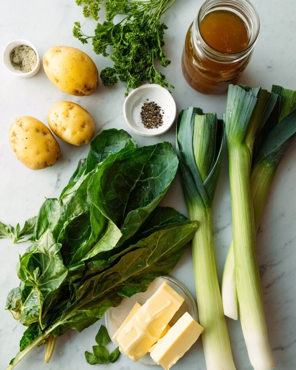 A collection of fresh ingredients is spread out on a white marbled surface. There are three small yellow potatoes on the left side near a small white bowl of black pepper and a bunch of green parsley. In the center, there is a pile of large dark green leafy greens. To the right, two thick light green and white leeks are placed next to a small white bowl with two slabs of butter. Another small white bowl that seems empty is near the butter bowl. A tall glass jar filled with a brown liquid is placed toward the upper middle part of the image. Some more small green leaves rest near the butter bowl. photo taken with an iphone --ar 4:5 --v 7
