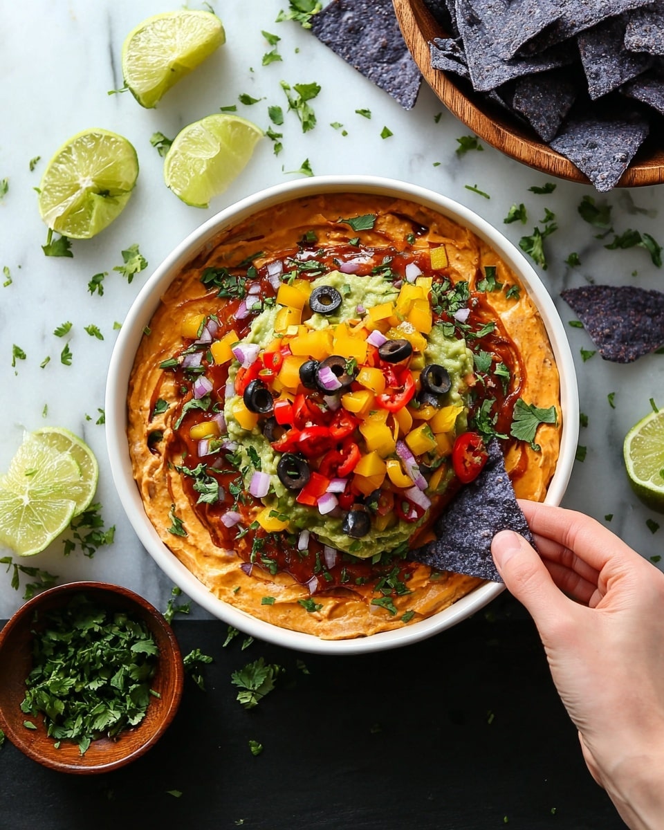 A white bowl holds a layered dip with four visible layers from bottom to top: dark reddish-brown bean spread, smooth light orange cheese sauce, chunky green guacamole, and a colorful top layer of chopped yellow bell peppers, red cherry tomatoes, sliced black olives, diced red onions, and sprinkled green cilantro. A woman's hand is seen dipping a blue corn tortilla chip into the bowl. Around the bowl on a white marbled surface are lime wedges, a small wooden bowl of chopped cilantro, and a larger wooden bowl filled with blue corn tortilla chips, with some chips and scattered cilantro leaves nearby. photo taken with an iphone --ar 4:5 --v 7