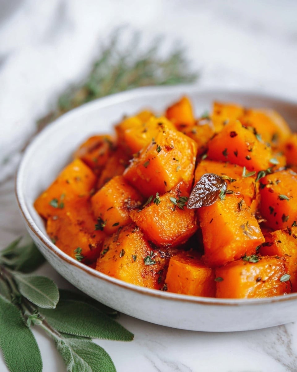 A close-up view of a bowl filled with chunks of cooked orange butternut squash, each piece showing some browning and herbs sprinkled on top, including small green and brown leaves that add texture. The squash pieces are arranged slightly unevenly, with some in sharp focus and others softly blurred behind. The bowl is white with a simple design, and it sits on a white marbled surface. Some soft green leaves are placed next to the bowl, adding a fresh touch. The photo taken with an iphone --ar 4:5 --v 7