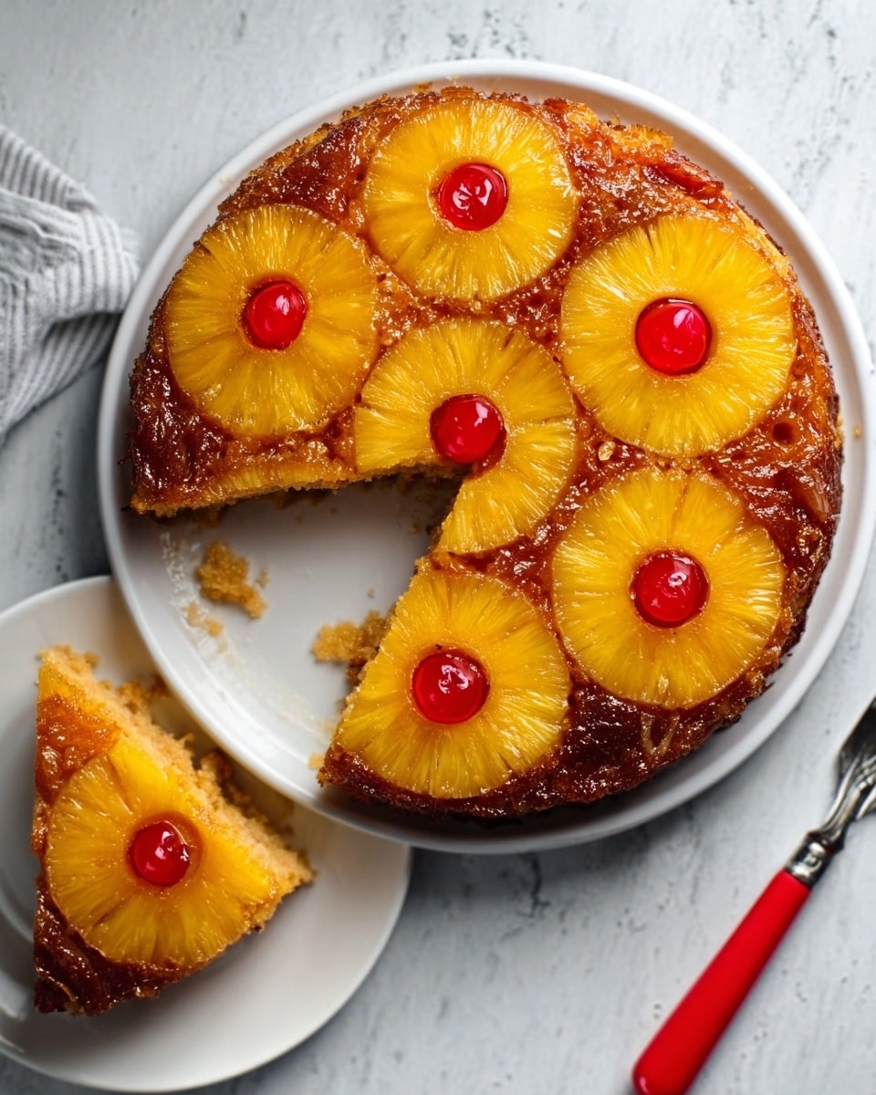 The image shows a round pineapple upside-down cake on a white plate with eight bright yellow pineapple rings arranged in a circle, each topped with a shiny red cherry in the center. The cake has a golden brown caramelized surface with a slightly textured crust around the edges. A single slice has been cut out and placed on the right side on the white marbled surface next to a red-handled fork with a silver tip, revealing the soft, moist interior layers of the yellow cake inside. The colors contrast nicely, with the bright yellow pineapples and red cherries standing out against the warm brown cake and crisp white plate. Photo taken with an iphone --ar 4:5 --v 7
