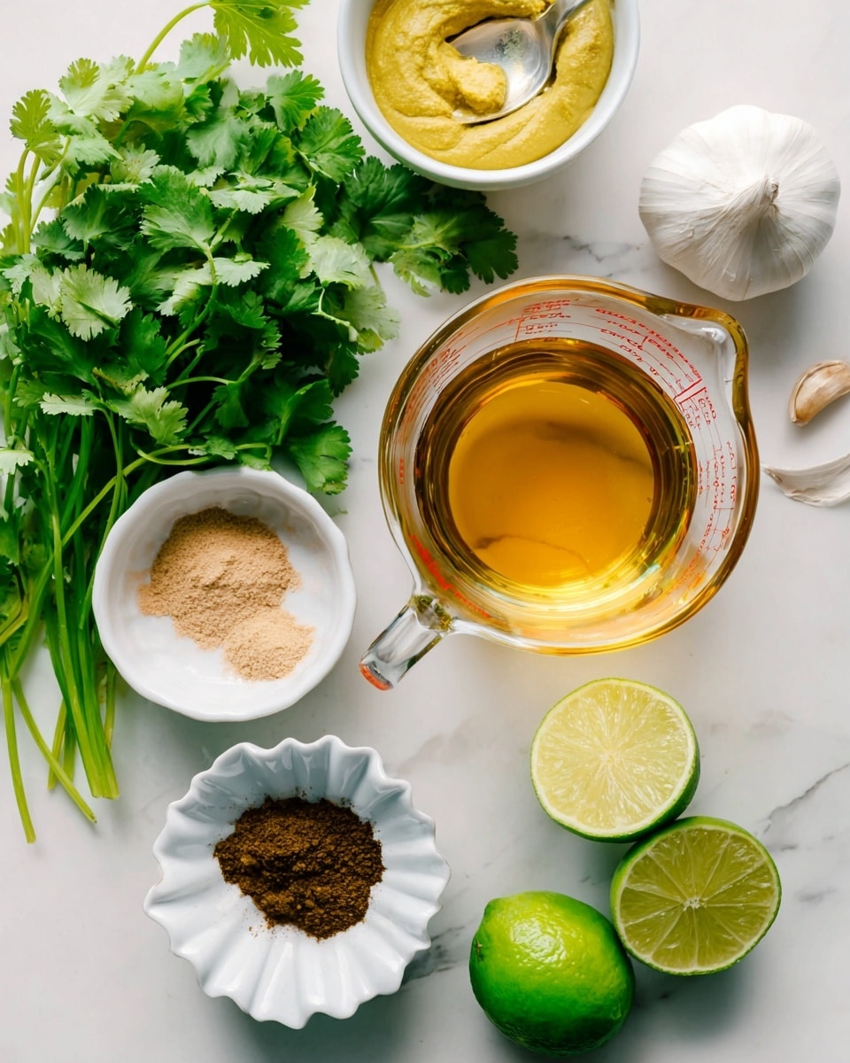 The image shows a white marbled surface with various cooking ingredients neatly arranged. There is a clear glass measuring cup with a handle filled with a golden liquid at the center. Surrounding it are fresh green cilantro leaves with bright green stems on the left side. To the top left is a small white bowl with a smooth yellow paste and above it a small white bowl holding a light brown powder with a spoon inside. To the right of the measuring cup are two lime halves showing the juicy, pale green inside, and one whole lime with a bright green rind. A white scalloped bowl at the bottom center contains dark brown powder. In the top right corner, a white garlic bulb with its paper skin is visible. The whole scene is bright and fresh with natural lighting. Photo taken with an iphone --ar 4:5 --v 7