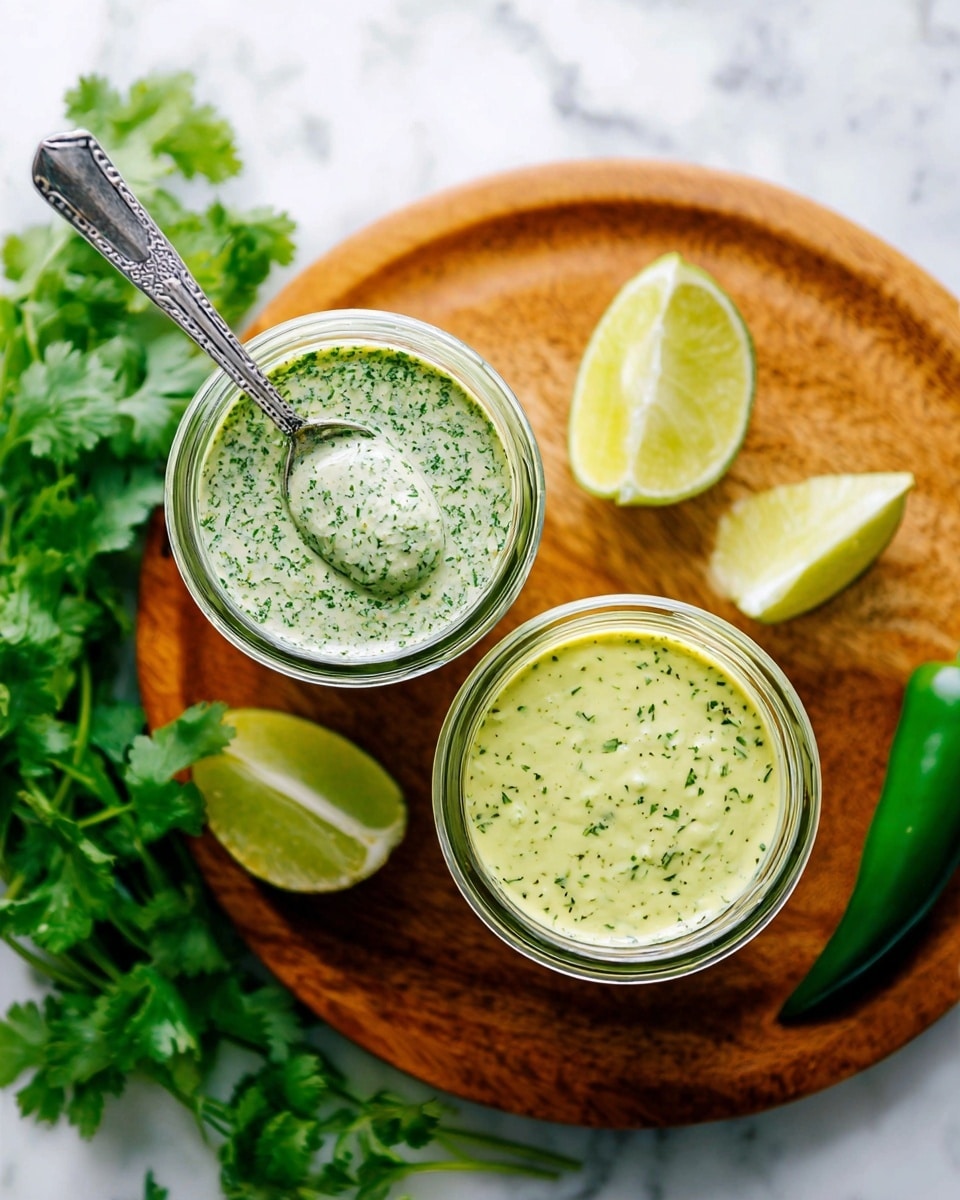 Two clear glass jars filled with green herb sauces are placed on a round wooden board. The jar on the top left holds a light green sauce with darker green herb bits, and a silver spoon is shown lifting some sauce. The jar on the bottom right contains a creamier light green sauce with triangular herb pieces, also holding a silver spoon. Around the jars are fresh lime halves, bright green cilantro leaves, and a whole green chili pepper. The background is a white marbled surface. photo taken with an iphone --ar 4:5 --v 7