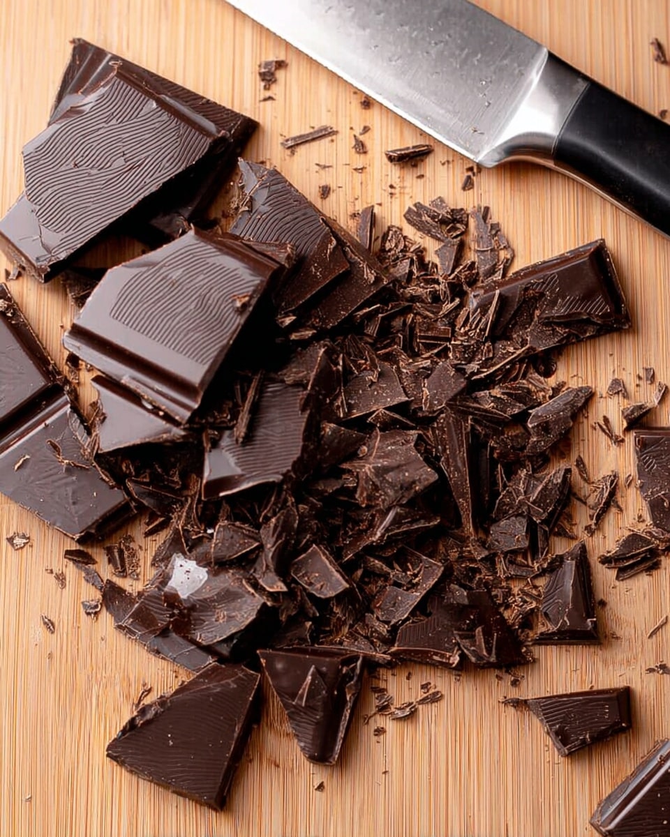 A wooden board is covered with broken pieces of dark chocolate in various sizes. There are larger chunks with smooth, glossy surfaces and fine lines etched into them, and many smaller, uneven shards scattered around. The wood grain texture of the board contrasts with the rich, almost black color of the chocolate. A large steel knife with a black handle is placed near the top right corner of the frame. The photo has a close-up view showing the shine and texture details of the chocolate photo taken with an iphone --ar 4:5 --v 7