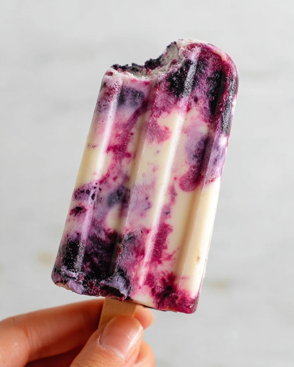 A close-up view of a frozen popsicle held by a woman's hand, showing three main layers mixed together: a creamy white base, deep purple swirls with darker berry chunks, and lighter lavender spots. The top of the popsicle has a bite taken out, revealing the smooth blend of the layers inside with some textured berry pieces. The background is a soft white marbled texture that highlights the popsicle's rich colors and creamy texture photo taken with an iphone --ar 4:5 --v 7