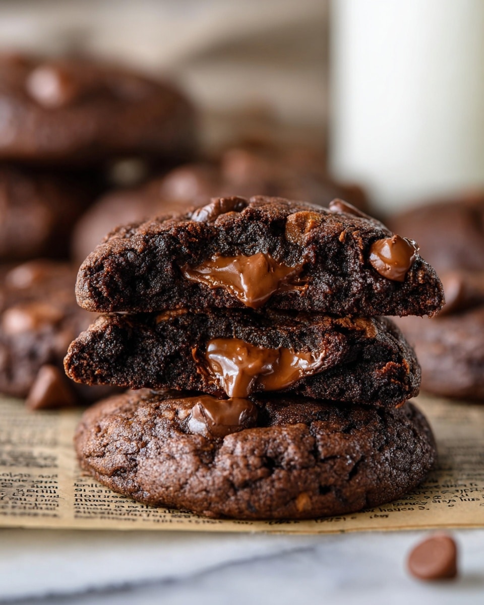 The image shows a stack of dark chocolate cookies on a white marbled surface with a piece of newspaper underneath. The bottom cookie is whole, deep brown and textured with chocolate chips scattered on top. A second cookie is broken in half and placed on the first cookie, exposing a soft, warm center filled with melted chocolate that oozes slightly. Some chocolate chips appear glossy and melted, adding shine and richness. The background is softly blurred, with more cookies and a glass of milk visible but out of focus, making the stacked cookies the clear focus. photo taken with an iphone --ar 4:5 --v 7