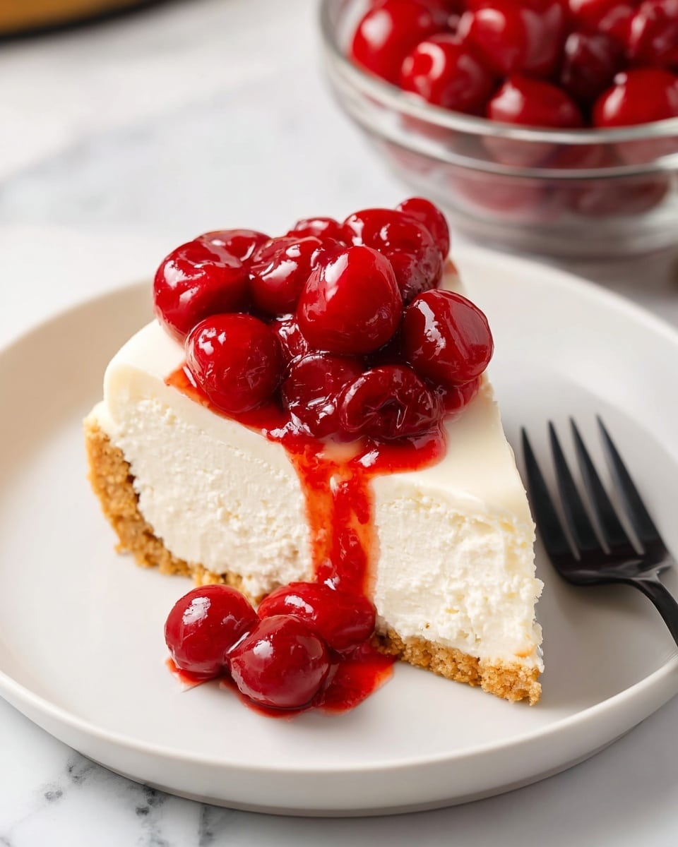 A close-up view of a slice of cheesecake on a white plate, showing three distinct layers: a thick bottom layer of golden crumb crust, a thick middle layer of creamy white cheesecake with a smooth texture, and a top layer of glossy red cherry topping with whole cherries, slightly spilling down the side. In the background, there is a white plate holding the rest of the cheesecake on a wooden board and a glass bowl filled with more cherry topping with a spoon inside. The scene has a white marbled surface. Photo taken with an iphone --ar 4:5 --v 7
