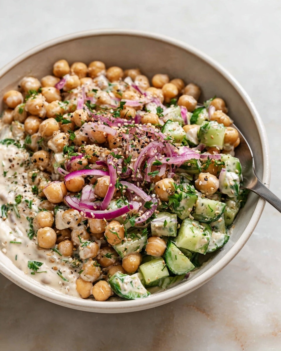 A white bowl filled with a chickpea salad sits on a white marbled surface. The salad has three main layers: the base layer is a creamy white sauce with a smooth texture, partly visible around the sides; the middle layer includes light brown round chickpeas mixed with small green cucumber pieces; the top layer has thin purple-red onion slices and chopped green herbs scattered evenly. Some white sesame seeds and cracked black pepper are sprinkled on top. A spoon holds a scoop of the salad above the bowl, showing all these ingredients clearly mixed together. Photo taken with an iphone --ar 4:5 --v 7