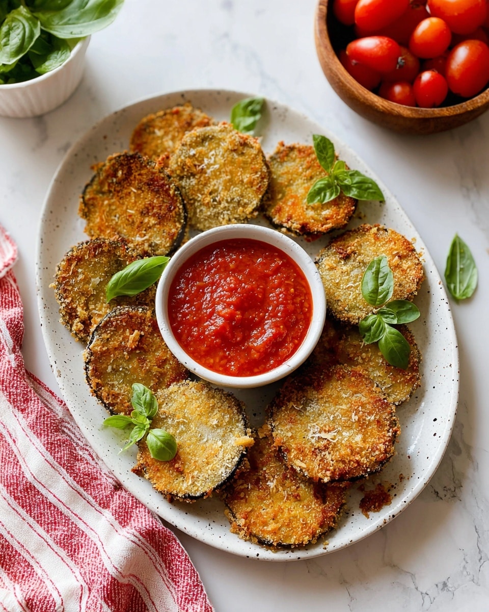 A white plate on a white marbled surface holds eight breaded rounds arranged in a circle around a small white bowl filled with bright red marinara sauce. The breaded rounds are golden brown with a crispy texture and have green basil leaves sprinkled on top and around them. The sauce is smooth with a rich color, creating a colorful contrast with the golden rounds and fresh green basil. photo taken with an iphone --ar 4:5 --v 7