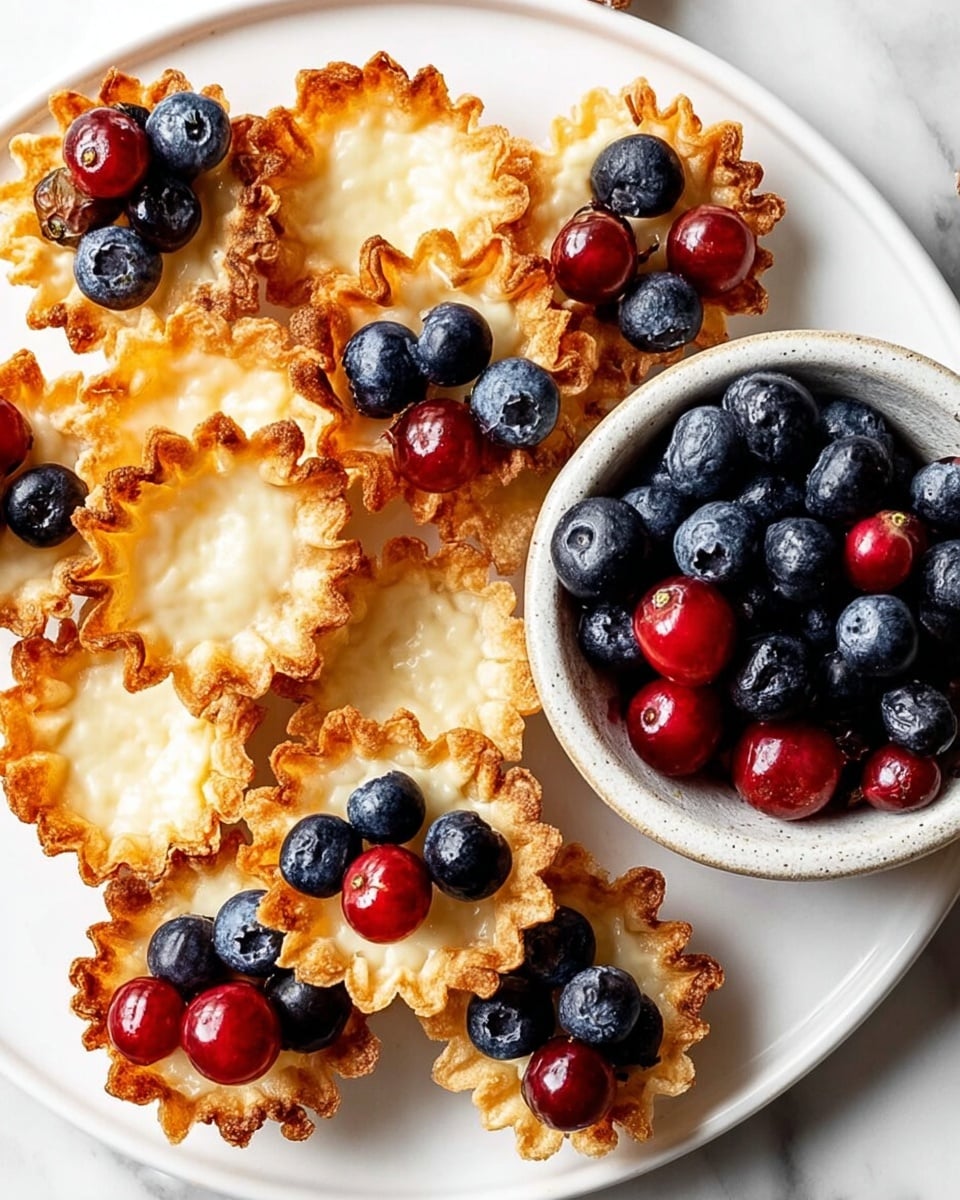A white scalloped-edge plate filled with small tart shells that have golden-brown, flaky, ruffled edges and a smooth white filling inside each shell. Most tarts are topped with a cluster of three dark blue blueberries and one or two small red berries in the center, while a few tarts have only the white filling without fruit. On the left side of the plate, there is a small white bowl with a brown rim filled with more blueberries and red berries. The plate is placed on a white marbled surface. Photo taken with an iphone --ar 4:5 --v 7