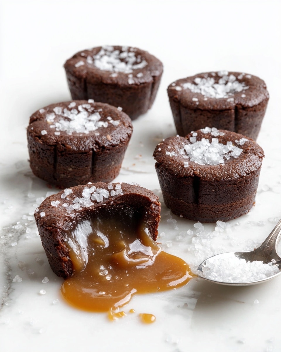 The image shows five small chocolate cakes with a soft texture, each with a shiny layer of light-colored salt flakes on top. Four cakes are whole and round, sitting on a white marbled surface, while one cake in front is broken open, revealing a smooth, flowing caramel center spilling onto the surface. A silver spoon with coarse white salt is placed near the cakes, adding contrast to the scene. The background is bright white, making the dark chocolate cakes and golden caramel stand out vividly. photo taken with an iphone --ar 4:5 --v 7