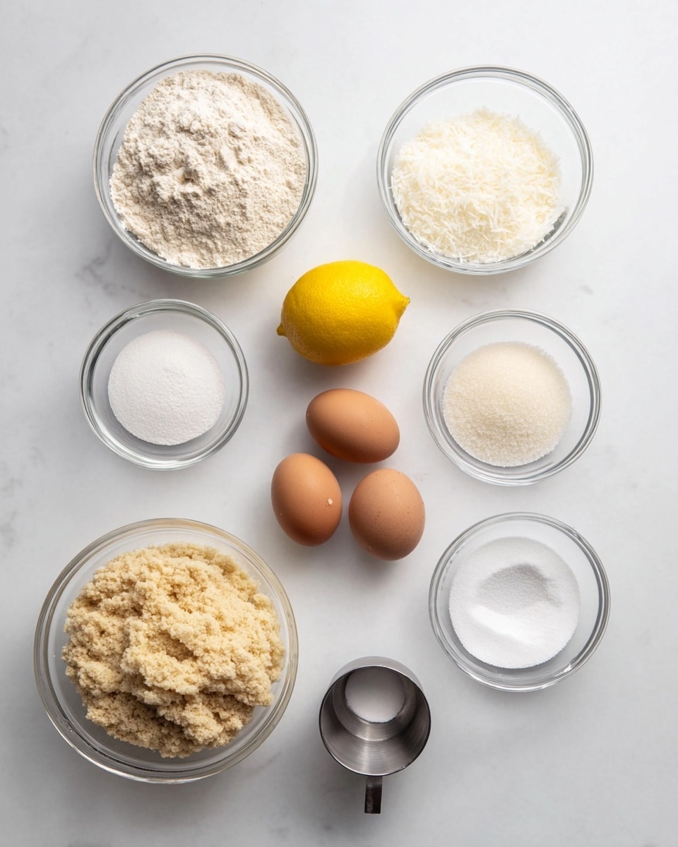 The image shows nine clear glass bowls and a yellow lemon arranged on a white marbled surface. The top row has three bowls: on the left a bowl with light beige flour, in the middle the bright yellow lemon, and on the right a bowl filled with white powdery coconut flakes. The second row has three items: a bowl with white granulated sugar on the left, a bowl holding three brown eggs in the middle, and an empty spot on the right where a bowl is faintly visible. The bottom row has four bowls: on the left a large bowl with a crumbly, light beige mixture, next to it a small bowl with a little white powder, on the right a bowl with fine white sugar, and in front a shiny silver cup holding a small amount of light beige powder. photo taken with an iphone --ar 4:5 --v 7