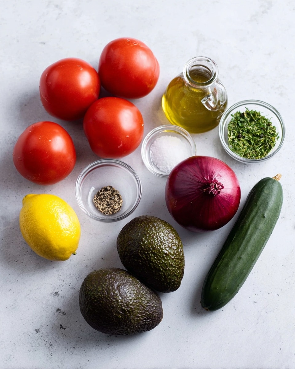 The image shows fresh ingredients arranged on a white marbled surface. There are four ripe red tomatoes with smooth skin, placed in a loose cluster on the left side. Next to the tomatoes, a clear glass bowl holds small amounts of black pepper and salt. Nearby, there is a small clear glass bowl filled with finely chopped green herbs. Above the tomatoes, a transparent bottle contains golden olive oil. To the right of the tomatoes, a whole purple-red onion sits alone. Next to the onion is a bright yellow lemon, followed by two dark green avocados with textured skin. On the far right, there is a long dark green cucumber. The overall scene is clean and fresh, with a natural look. photo taken with an iphone --ar 4:5 --v 7