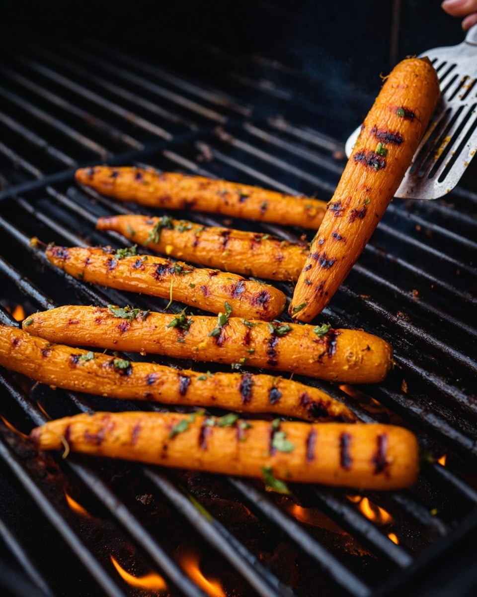 A close-up of several long orange carrots being grilled on a black grill with visible grill marks and slight charring on each carrot, scattered with small green herb bits. A silver spatula is lifting one carrot from the grill with a woman's hand just out of view. There is a gentle flame under the grill bars, and the background shows the black grill surface. photo taken with an iphone --ar 4:5 --v 7