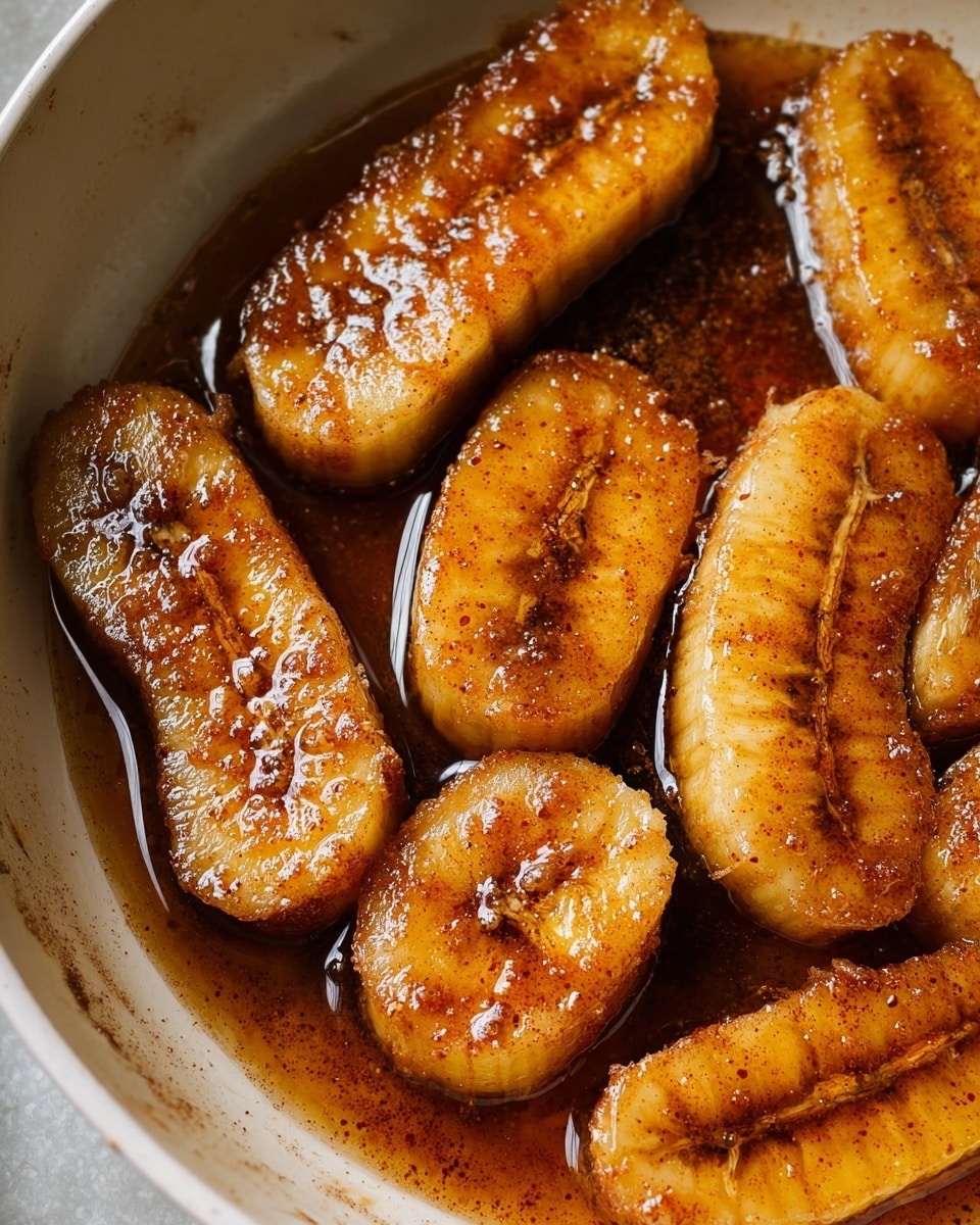 In the image, there is a close-up of a round white bowl filled with a creamy white base, topped with three glossy, caramelized banana slices that have a rich golden-brown color. Swirls of brown syrup or sauce are drizzled on top, blending softly into the creamy layer, giving it a textured appearance. The bowl sits on a white marbled surface with a part of another similar bowl visible in the background, along with a light pink mug filled with a light brown drink. A woman's hand lightly touches the edge of the bowl in the background. The overall colors are warm and inviting with soft natural light. photo taken with an iphone --ar 4:5 --v 7