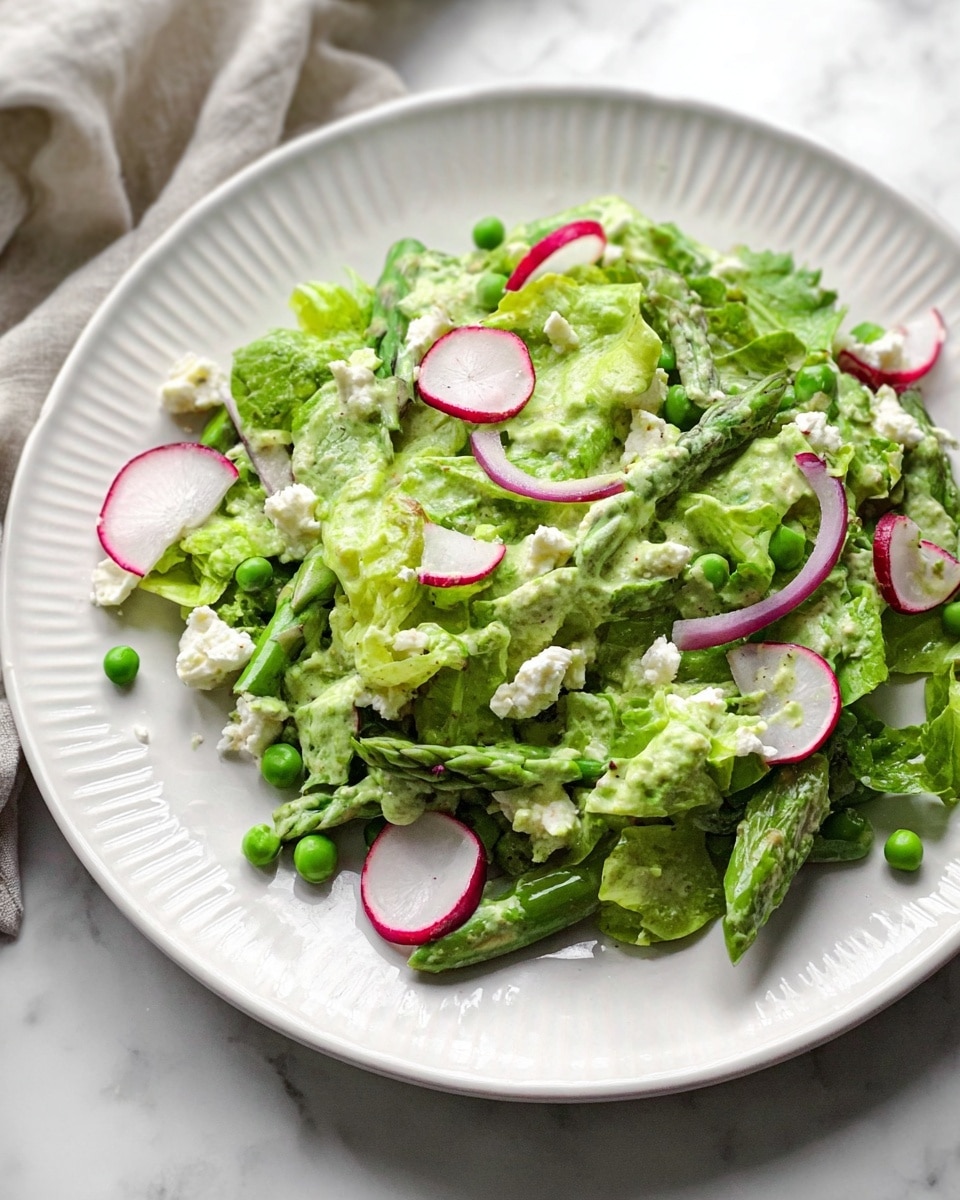A white fluted plate holds a fresh green salad with several layers and colors. The base consists of green lettuce leaves mixed with bright green peas and asparagus pieces, covered with a creamy light green dressing that looks thick and smooth. Thin red and white radish slices and thin rings of purple onion are spread evenly on top, adding more color contrast. Small chunks of white cheese are scattered across the salad, giving a crumbly texture on the surface. The plate rests on a white marbled background, with a soft, light-colored cloth slightly visible near the top edge. Photo taken with an iphone --ar 4:5 --v 7