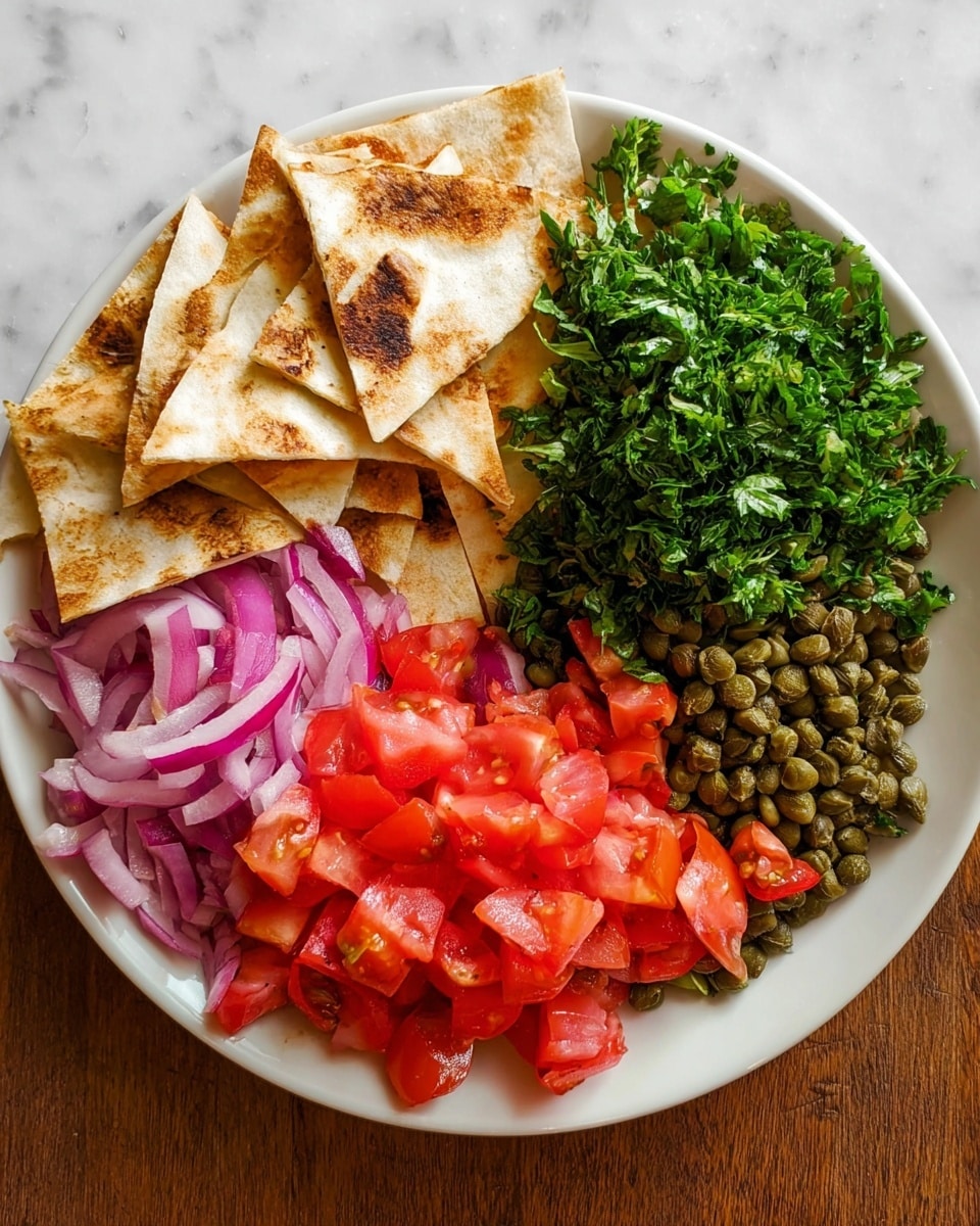 A white plate is filled with four distinct layers of food arranged side by side: on the top left, there are several triangular pieces of toasted flatbread with a light golden-brown color and some darker toasted spots; next to it, fresh chopped green parsley adds a bright, leafy texture; below the parsley, a pile of small green capers provides a dense, slightly round texture; to the left of the capers, thinly sliced light purple onions create a soft, curly layer; and finally, the bottom left section is filled with bright red, chopped tomatoes, their shiny skin and juicy texture visible. The background shows a white marbled texture. Photo taken with an iphone --ar 4:5 --v 7