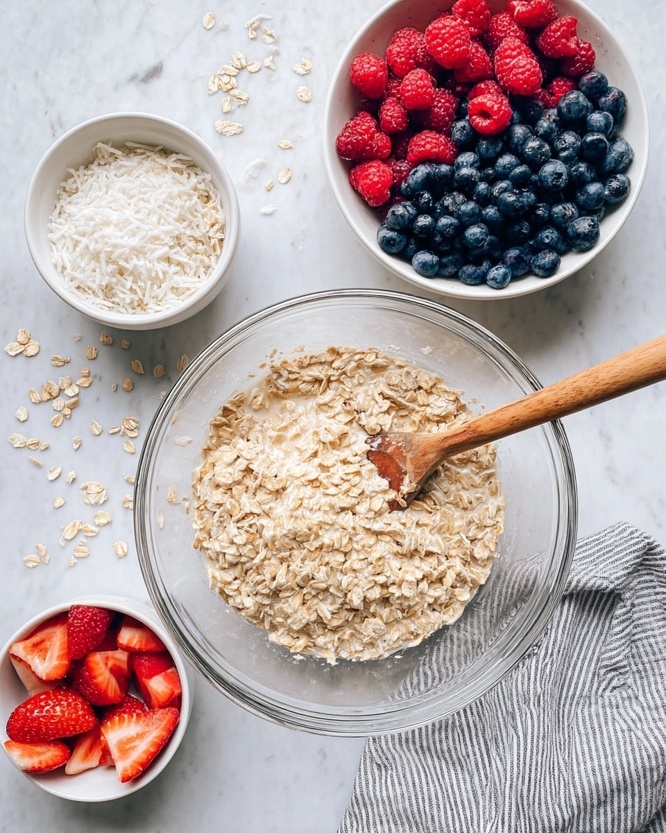 A large clear glass bowl filled with light beige soaked oats mixed in pale milk, with a wooden spoon resting inside the bowl on the oats; above it to the right is a white bowl filled with a mix of fresh bright red raspberries and deep blue blueberries; to the left is a white bowl with fine white shredded coconut, and below it another white bowl containing fresh red strawberry halves; all set on a white marbled surface with scattered oat flakes and a gray and white striped cloth on the right side. Photo taken with an iphone --ar 4:5 --v 7