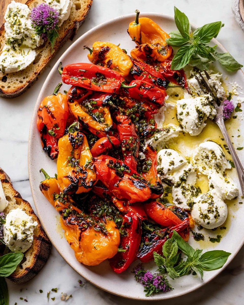 A large white plate sits on a white marbled surface, filled with many small grilled mini bell peppers in red, orange, and yellow colors. The peppers have dark grill marks and are tossed in a green herb dressing with visible small herb pieces and oil. On the right side of the plate, there are dollops of soft white creamy cheese, some of which have herbs and oil drizzled on top. A fork is resting near the cheese, with some cheese on its tines. Around the plate, fresh green basil leaves and small purple flowers are placed as garnish. In the bottom left corner, a piece of toasted bread topped with the creamy cheese and a grilled mini pepper is visible. The overall scene shows a bright, fresh, and colorful dish. Photo taken with an iphone --ar 4:5 --v 7