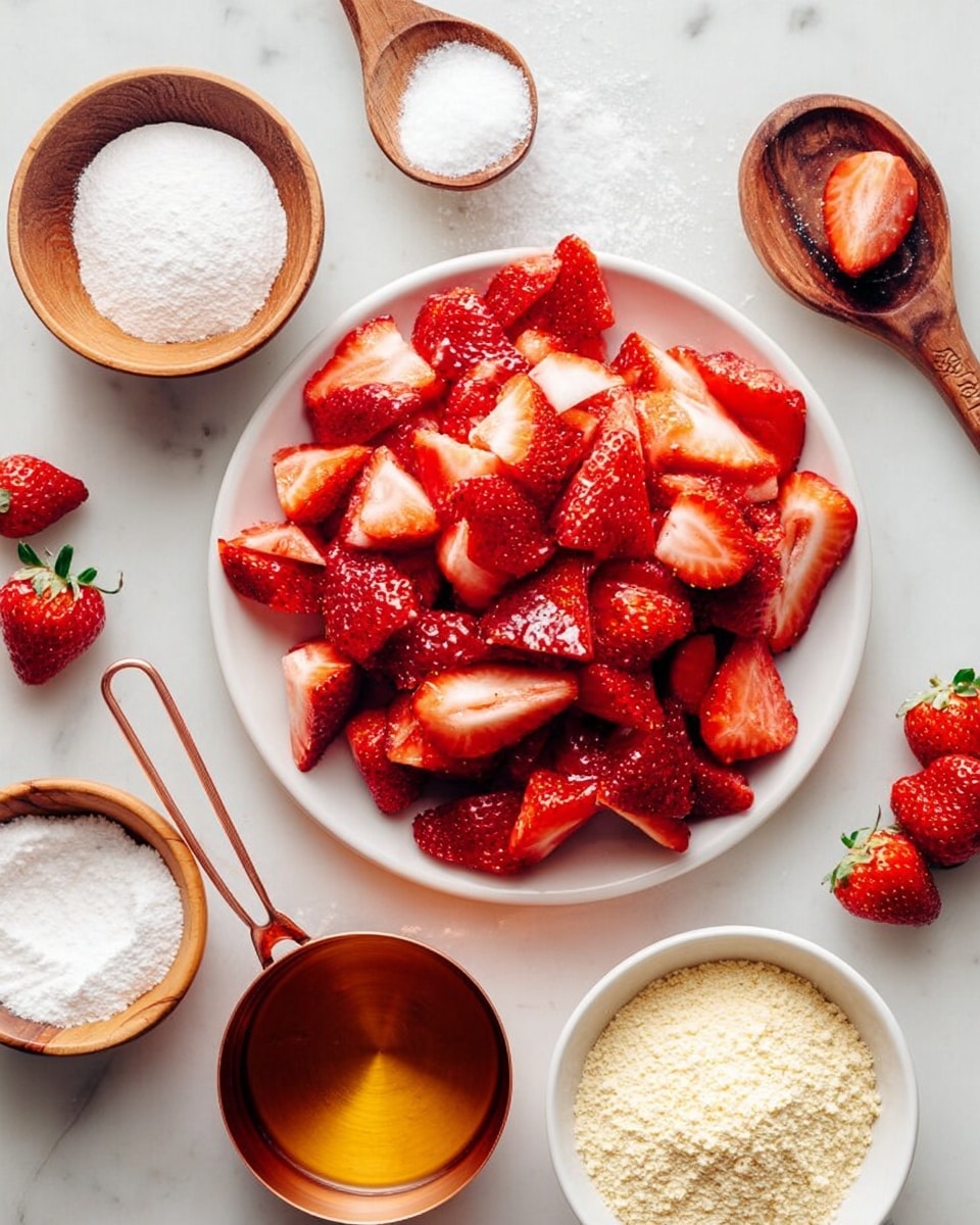 A white plate in the center filled with fresh, bright red strawberry pieces, some quartered and some halved, showing their juicy texture. Surrounding the plate, there are wooden and white small bowls and spoons holding white powdered sugar, light yellow sugar, cream-colored almond flour, and a small measure of golden liquid in a copper measuring cup with a wooden handle. The background is a white marbled surface, with a few strawberry pieces scattered around the plate. Photo taken with an iphone --ar 4:5 --v 7