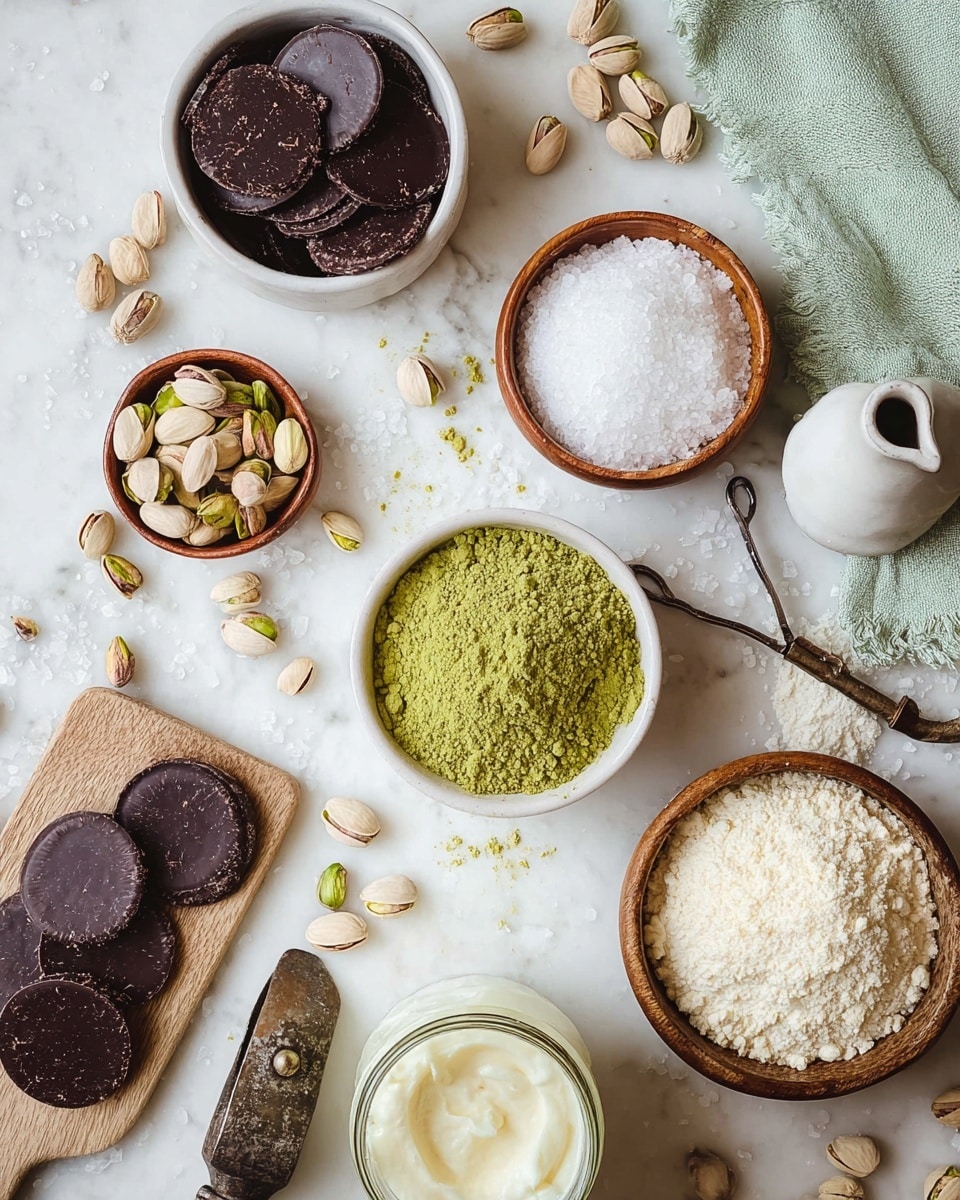 The image shows a flat lay of various ingredients arranged on a white marbled surface. There is a small white bowl filled with green powder in the center, surrounded by another white bowl with dark chocolate discs on the top left, a small wooden bowl with coarse white salt on the top right, and a wooden bowl filled with off-white powder on the bottom right. A jar of white creamy substance is placed near the bottom center, next to a small wooden board holding more dark chocolate discs. Scattered pistachio nuts and shells are spread out near the middle, with an old-fashioned nutcracker tool placed on the right side. A light green cloth and a small white jug are seen at the top right corner. Photo taken with an iphone --ar 4:5 --v 7