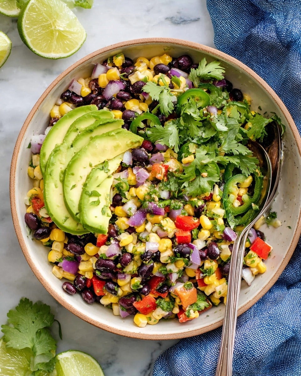 A white plate filled with a colorful mix of diced vegetables including yellow corn, black beans, red bell peppers, green jalapeño slices, and purple onion pieces. There are three curved avocado slices placed on top, evenly spaced around the plate, along with fresh green cilantro leaves scattered across. The plate is speckled with small white seeds, possibly cheese or cotija, and a silver spoon rests on the right side of the plate inside the dish. The background is a white marbled surface. photo taken with an iphone --ar 4:5 --v 7