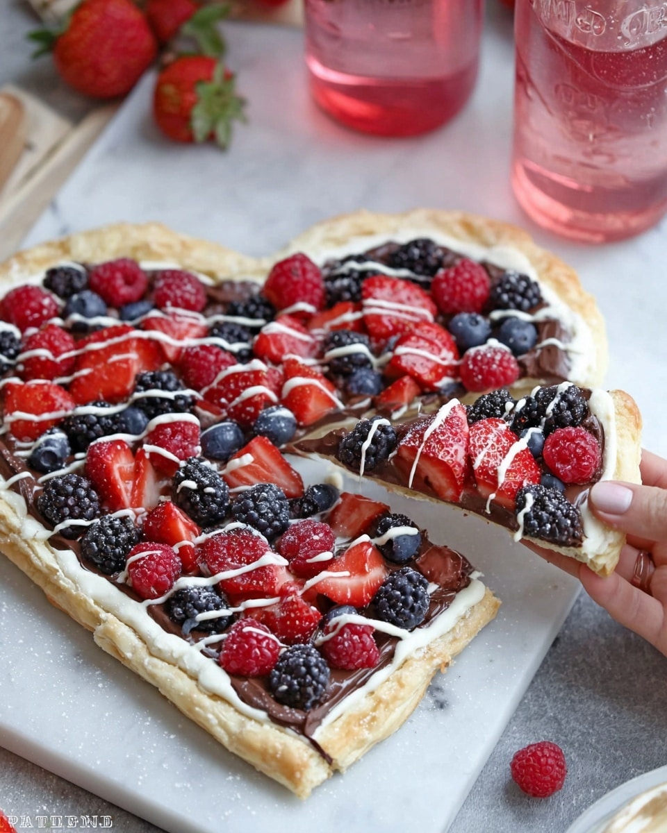A heart-shaped dessert with three visible layers sits on a white marbled surface: the bottom layer is a light golden puff pastry crust, the middle layer is a spread of dark chocolate, and the top layer is white icing drizzled over the chocolate. Fresh berries—red strawberries, red raspberries, dark blackberries, and blue blueberries—are evenly scattered on top, giving it a colorful and fresh look. A slice is cut out from the heart, showing the three layers clearly. The background includes blurred clear jars with pink liquid, and a woman's hand is about to pick up the slice. Photo taken with an iphone --ar 4:5 --v 7