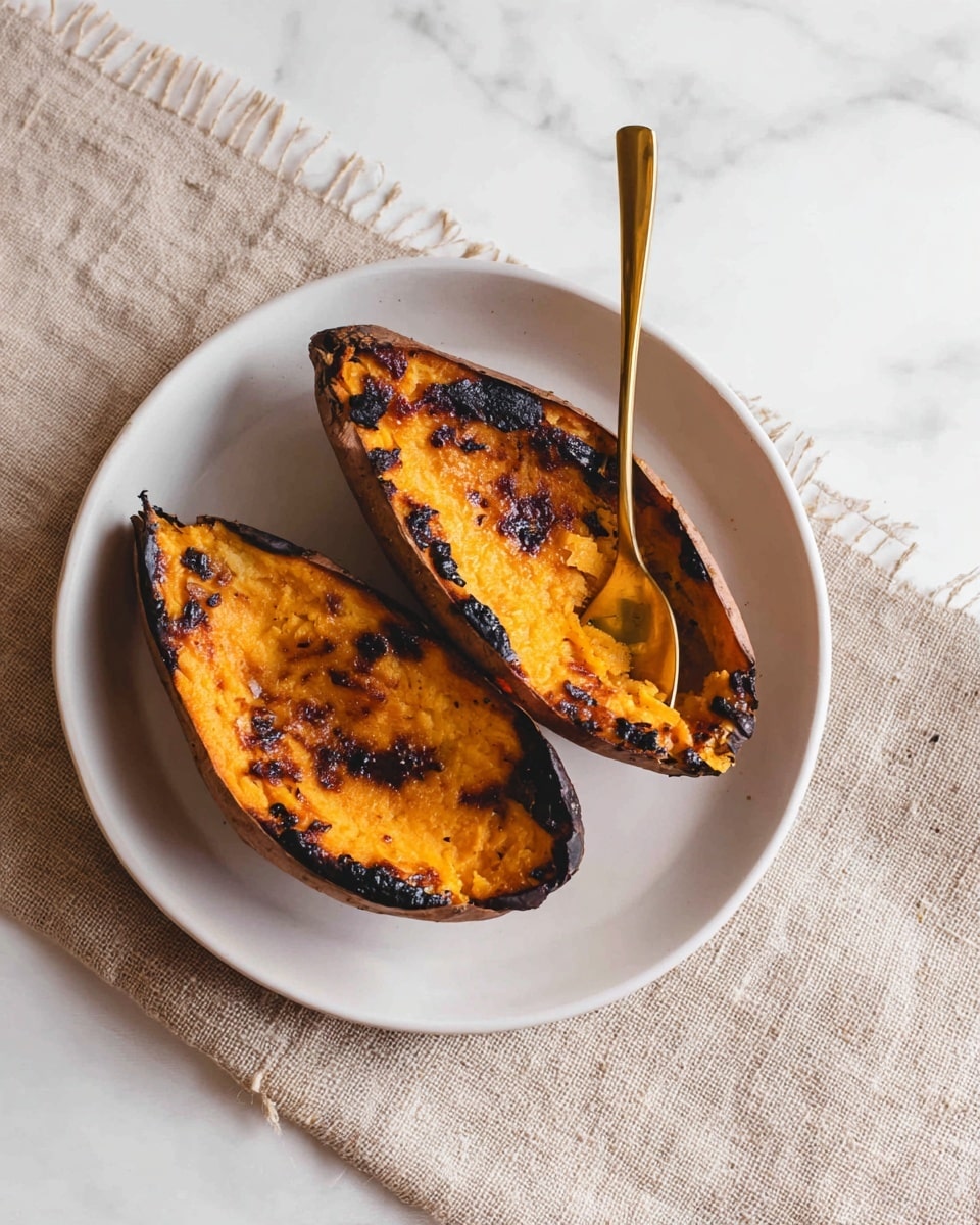 Two halves of a roasted sweet potato sit on a round white plate. The sweet potato skins are dark brown with some charred black spots around the edges. The inside flesh is bright orange with a browned, slightly burnt topping that looks soft and caramelized. One half has a small gold spoon standing upright in the center. The plate rests on a beige rough-textured cloth on a white marbled surface. photo taken with an iphone --ar 4:5 --v 7