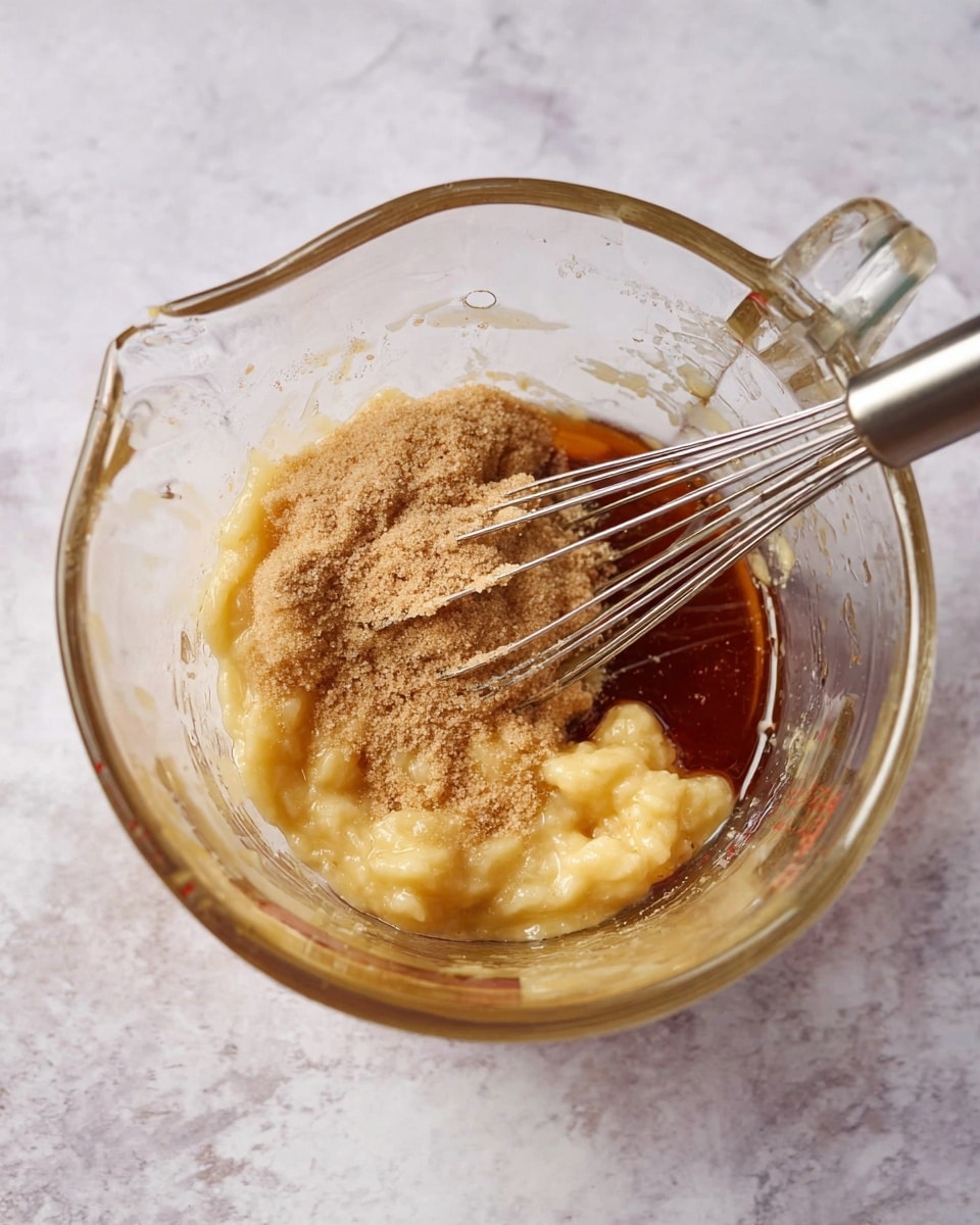 The image shows a clear glass measuring cup with mashed banana at the bottom, pale yellow and soft in texture. On top of the banana is a pile of light brown sugar with a fine, crumbly texture, and some dark syrup or liquid can be seen underneath the sugar. A metal whisk with thin wires rests inside the cup, ready to mix the ingredients. The cup is placed on a white marbled surface. Photo taken with an iphone --ar 4:5 --v 7