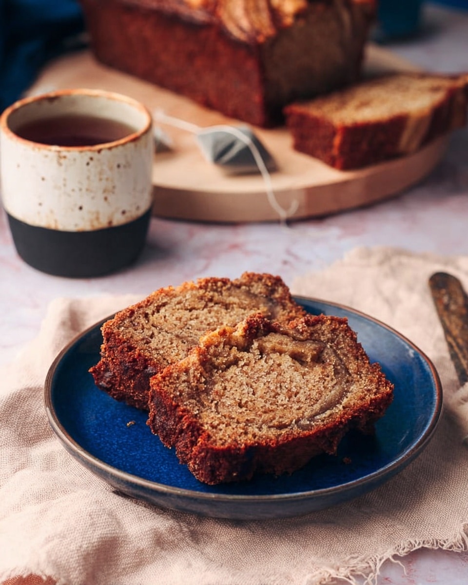 This image shows a loaf of brown bread with a rough, crunchy top crust sprinkled with sugar or cinnamon. The bread is sliced into five thick pieces, with the bottom slice lying flat in front. Each slice has a dense and moist light brown inside with darker swirls running through the middle. The bread is placed on white parchment paper over a wooden surface, and there is an old knife with a wooden handle resting on the right side. The background is a white marbled texture. Photo taken with an iphone --ar 4:5 --v 7